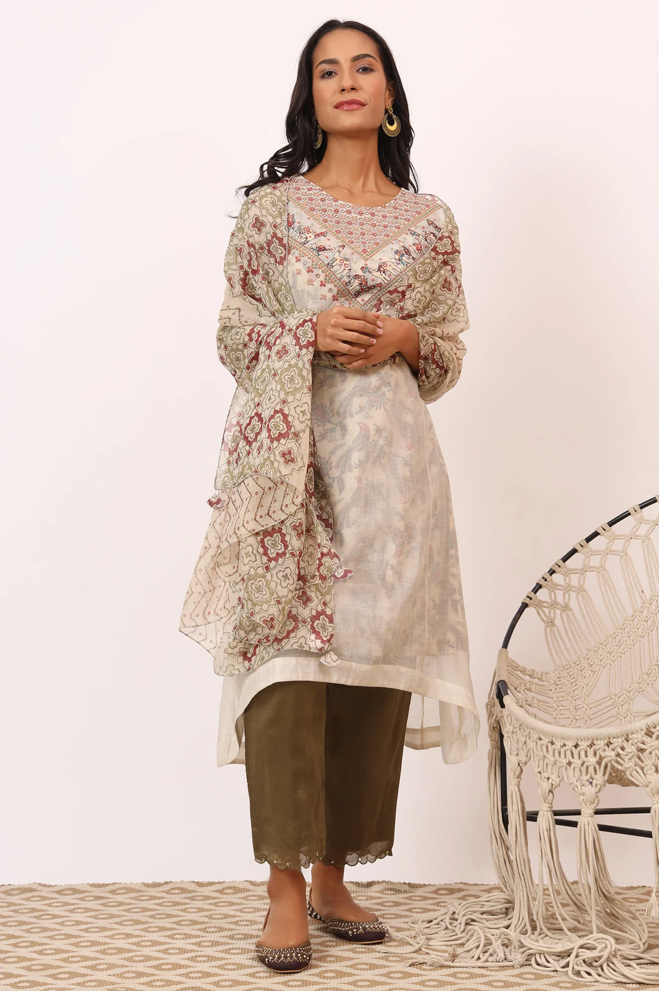 Ecru Cotton Silk Appliqué Embroidered Kurta, Pants and Dupatta Set - Image 2