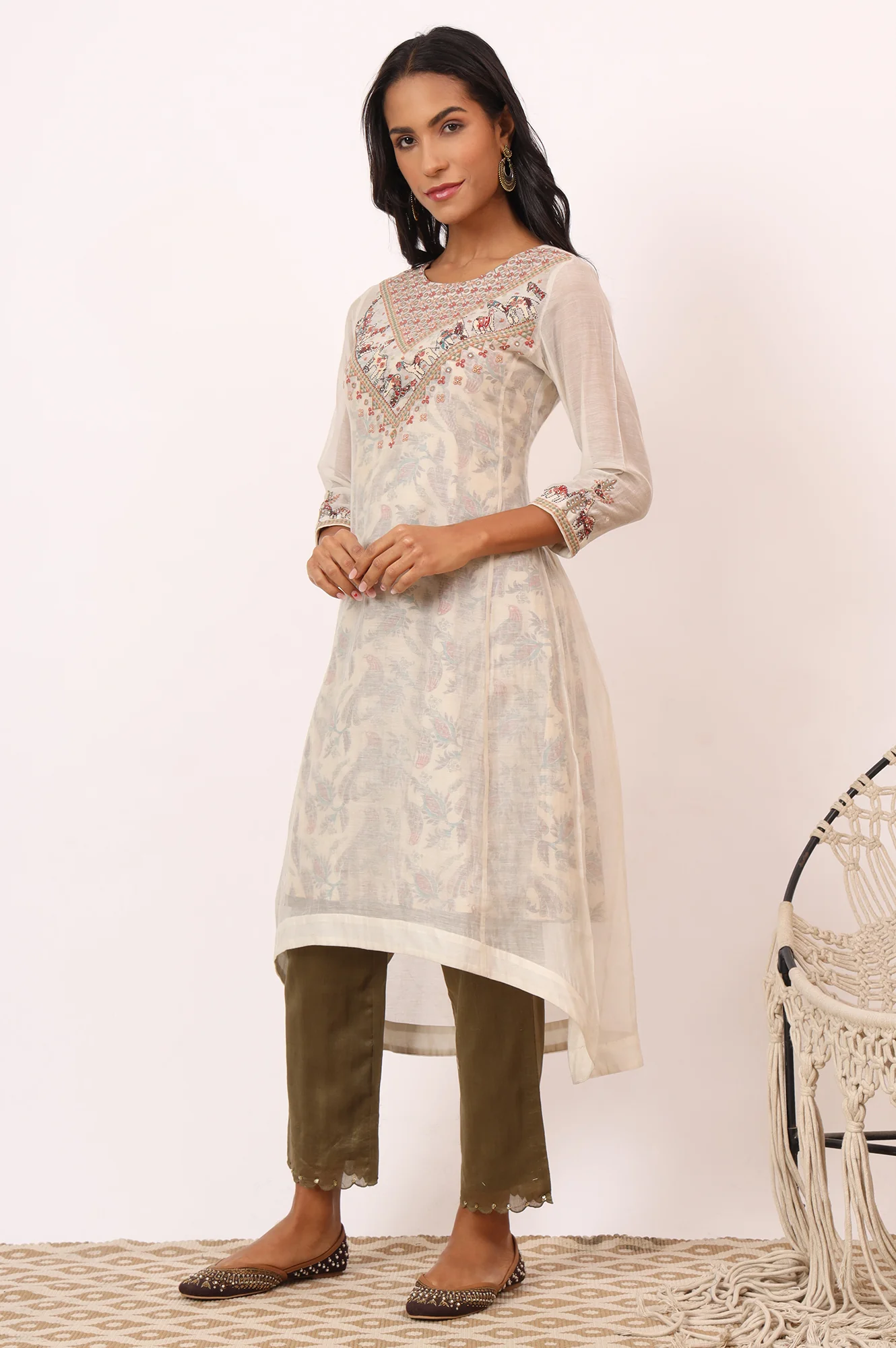 Ecru Cotton Silk Appliqué Embroidered Kurta, Pants and Dupatta Set - Image 5