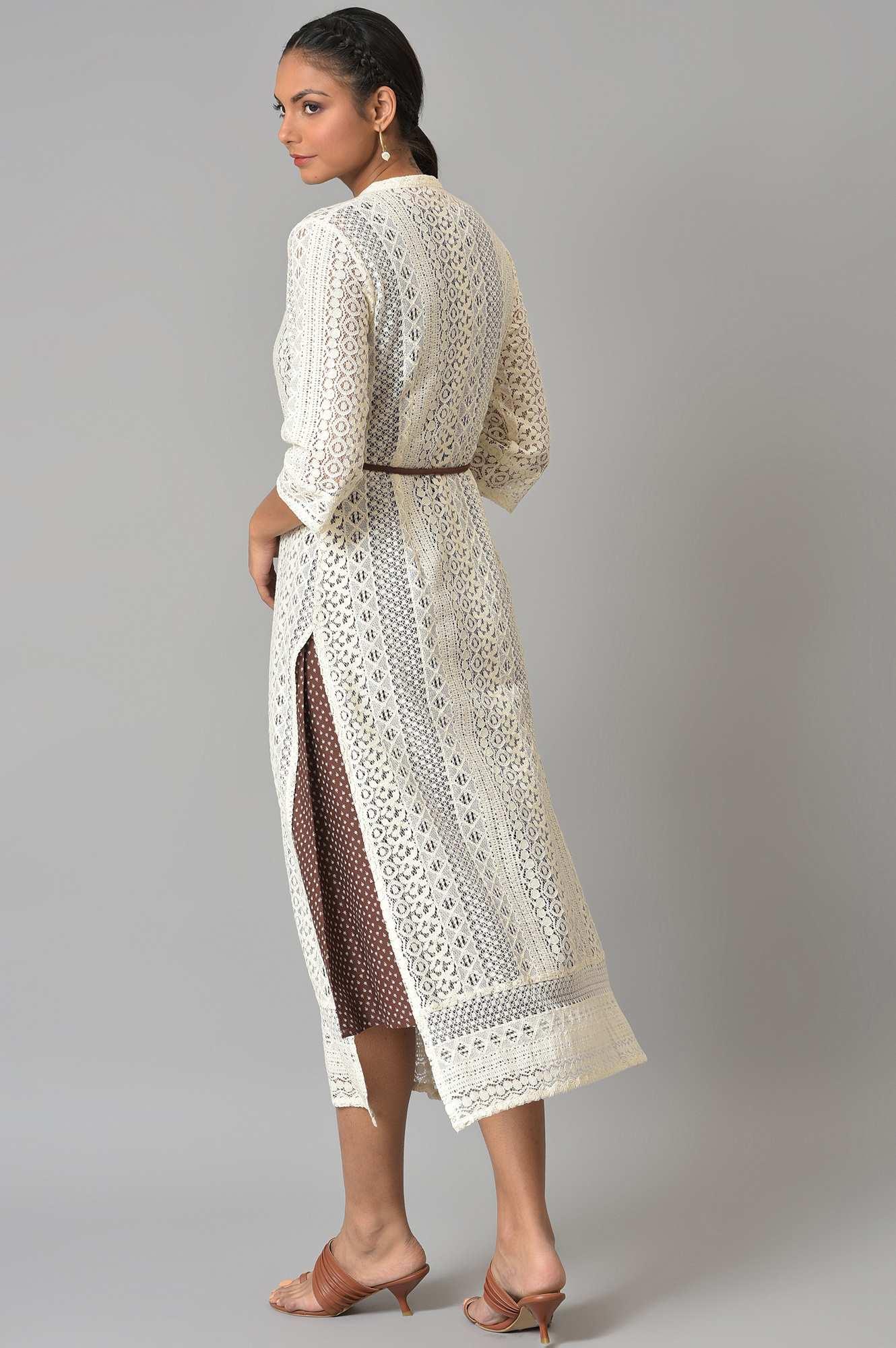 Ecru Crochet Jacket With A-Line Brown kurta - Image 2