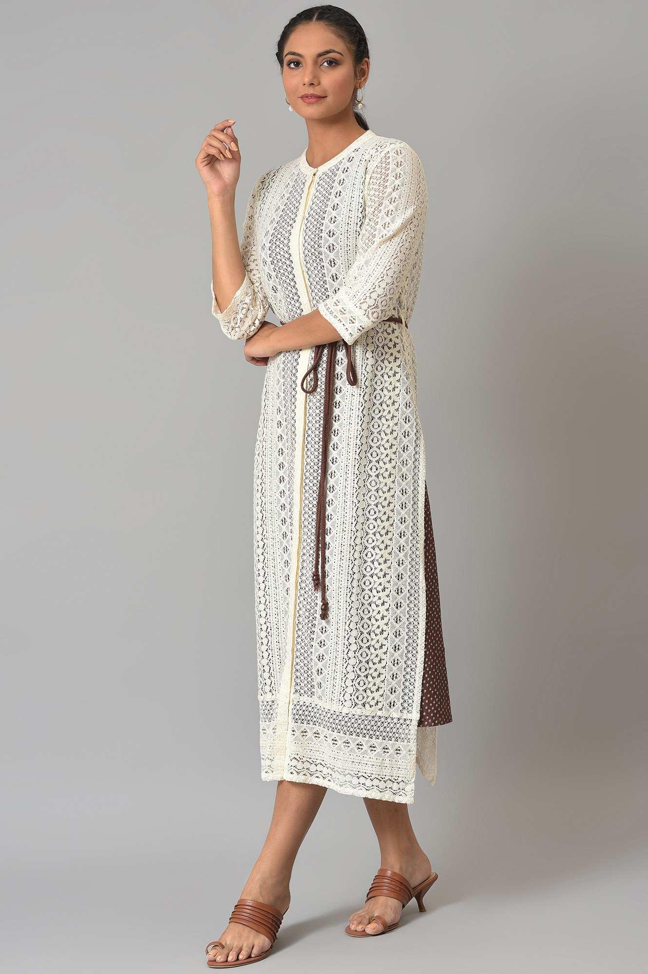 Ecru Crochet Jacket With A-Line Brown kurta - Image 3