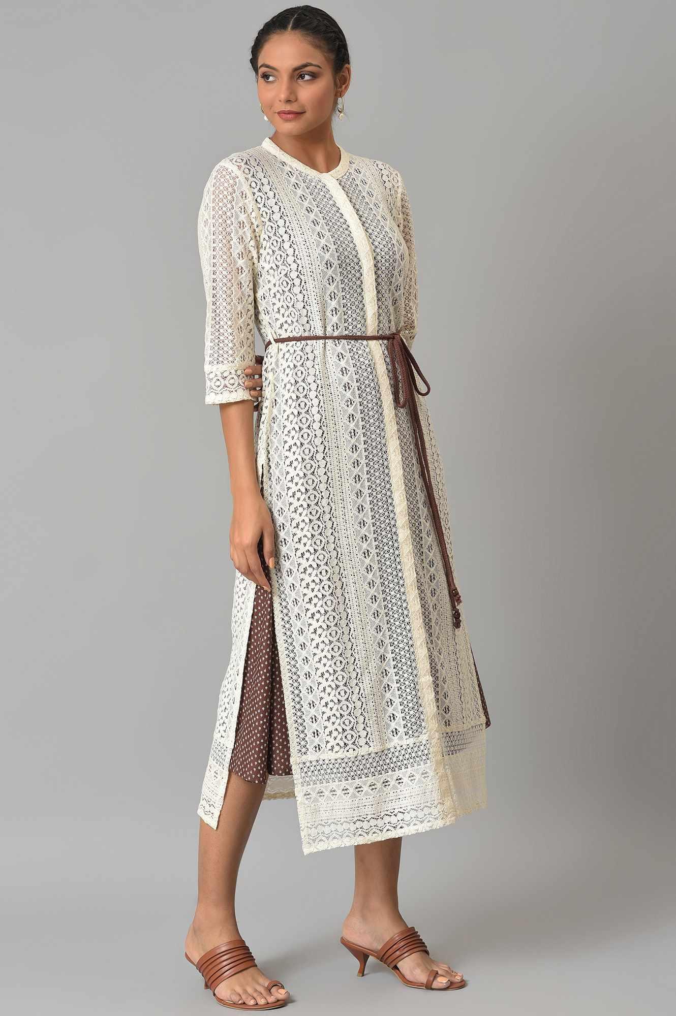 Ecru Crochet Jacket With A-Line Brown kurta - Image 4