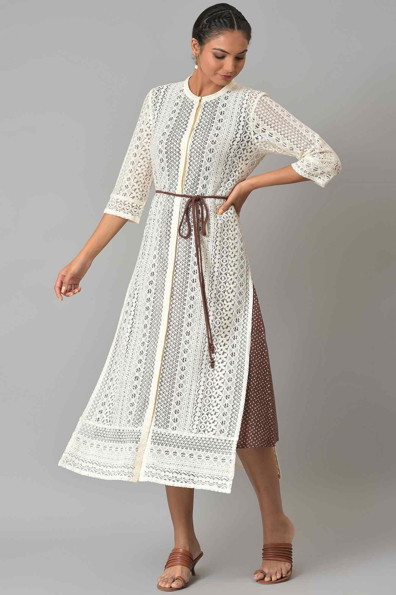 Ecru Crochet Jacket With A-Line Brown kurta - Image 8