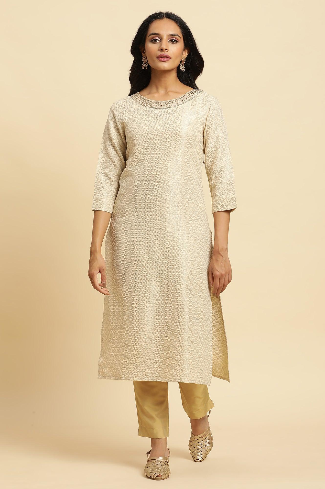 Ecru Dobby Embellished Kurta - Image 2