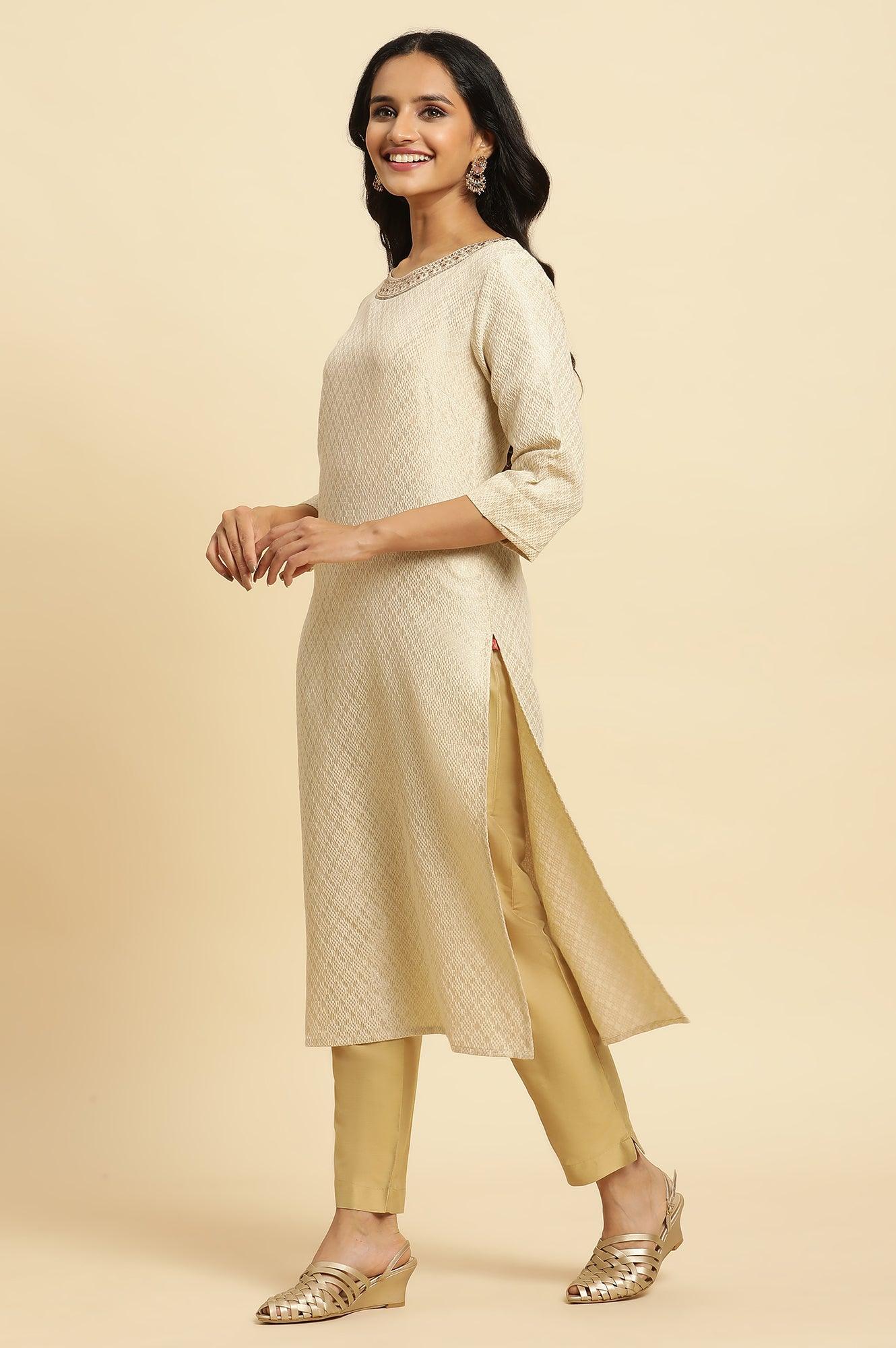 Ecru Dobby Embellished Kurta - Image 3