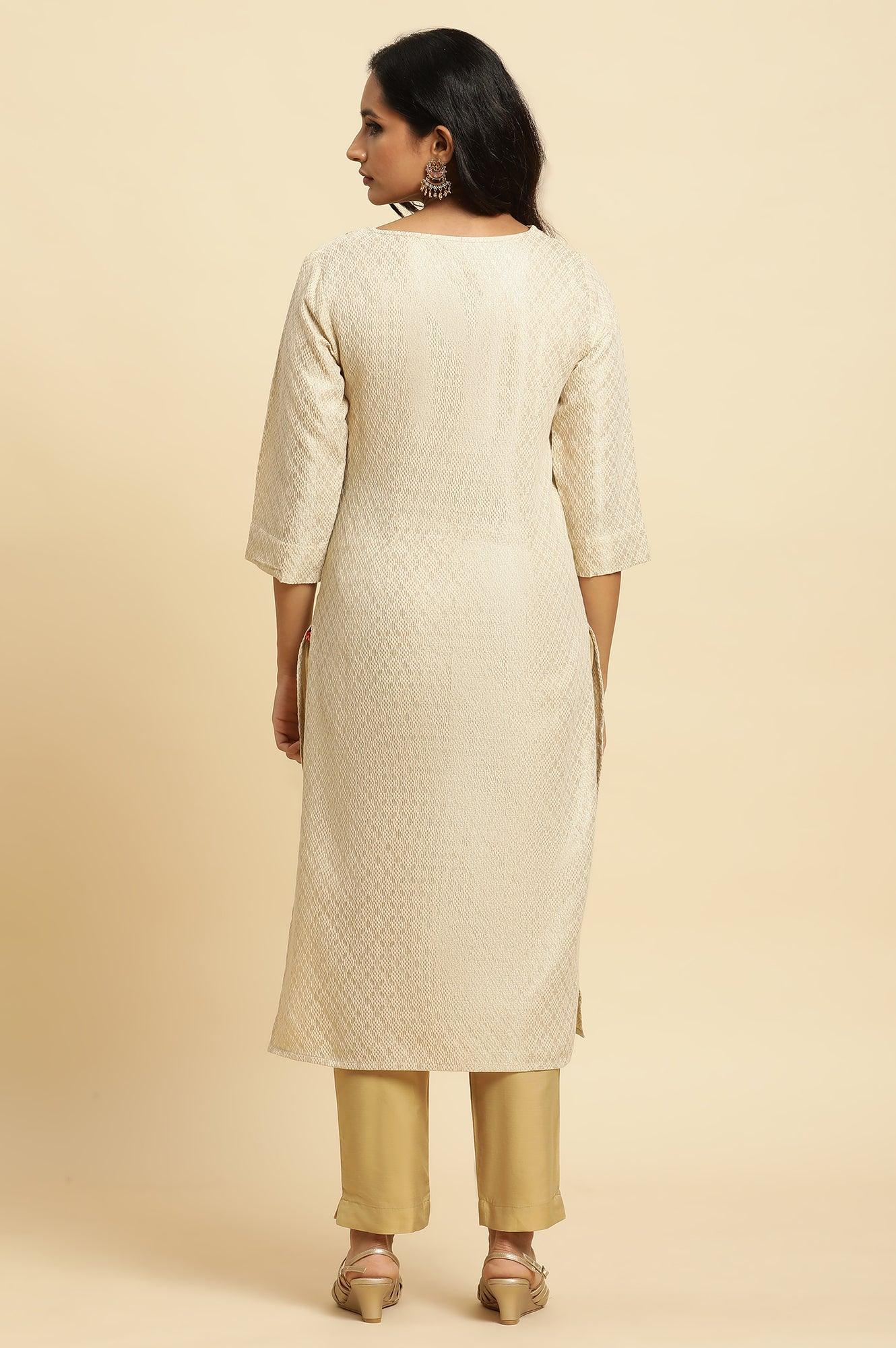 Ecru Dobby Embellished Kurta - Image 4