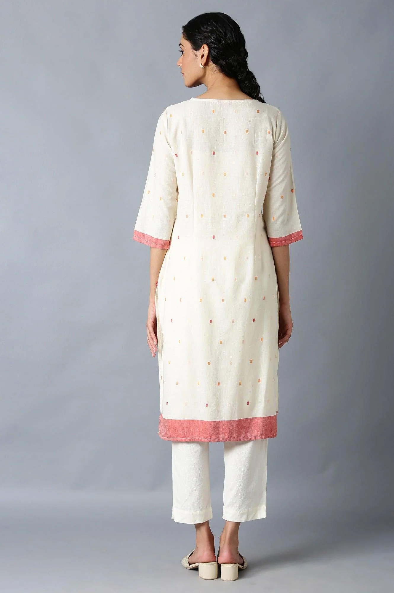 Ecru Dobby kurta With Multicoloured Yoke - Image 2