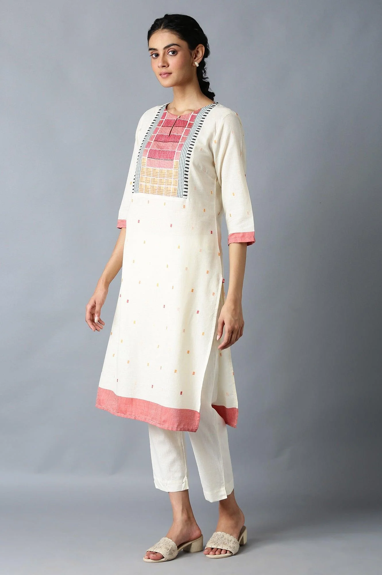 Ecru Dobby kurta With Multicoloured Yoke - Image 3