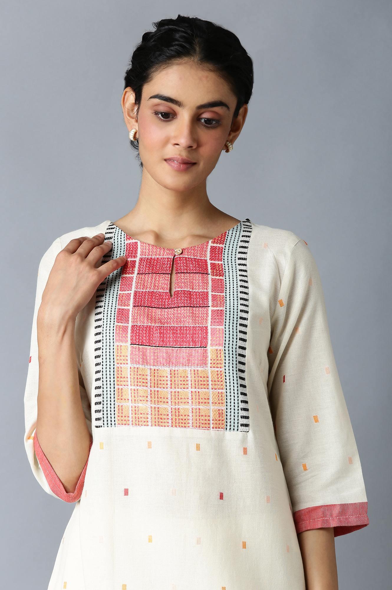 Ecru Dobby kurta With Multicoloured Yoke - Image 5