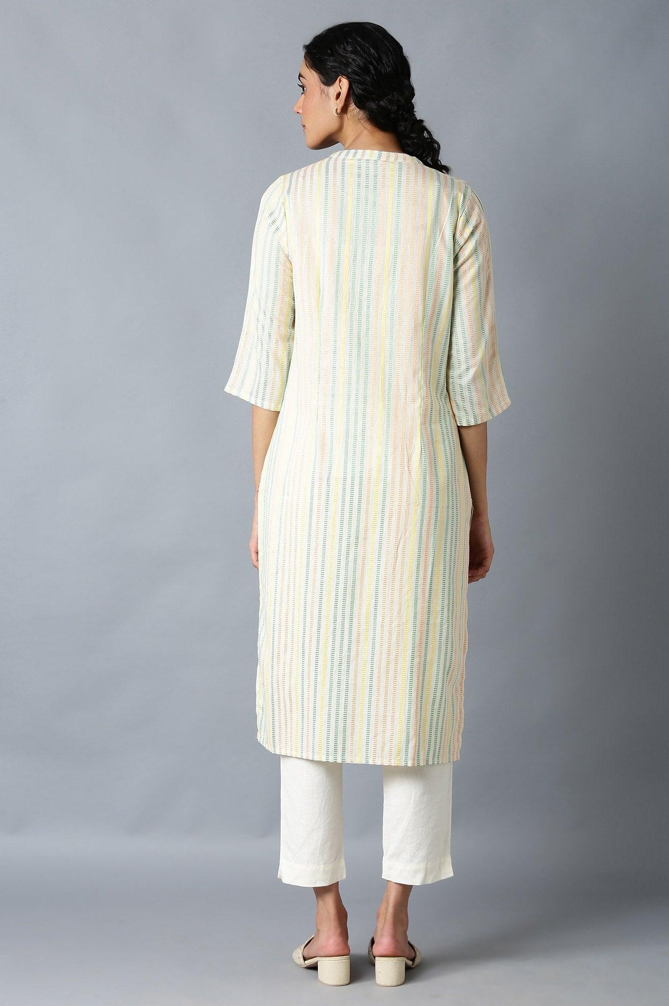 Ecru Dobby Straight kurta With Mock Layer - Image 2