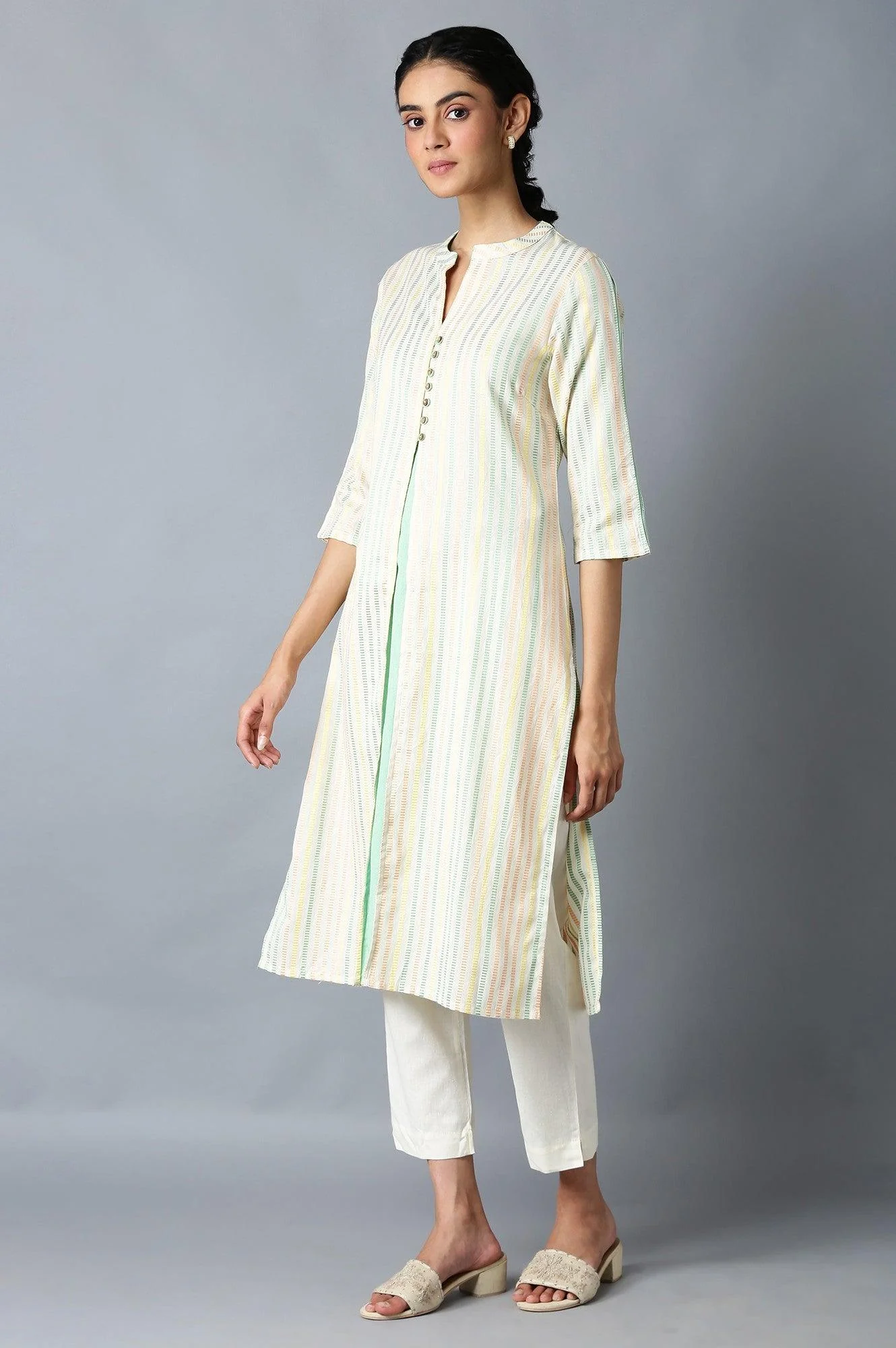 Ecru Dobby Straight kurta With Mock Layer - Image 3