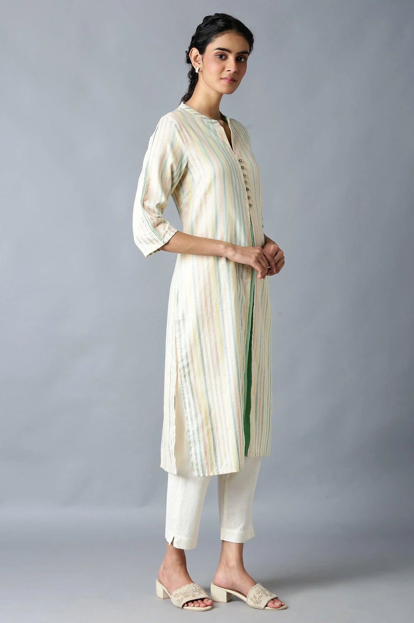 Ecru Dobby Straight kurta With Mock Layer - Image 4
