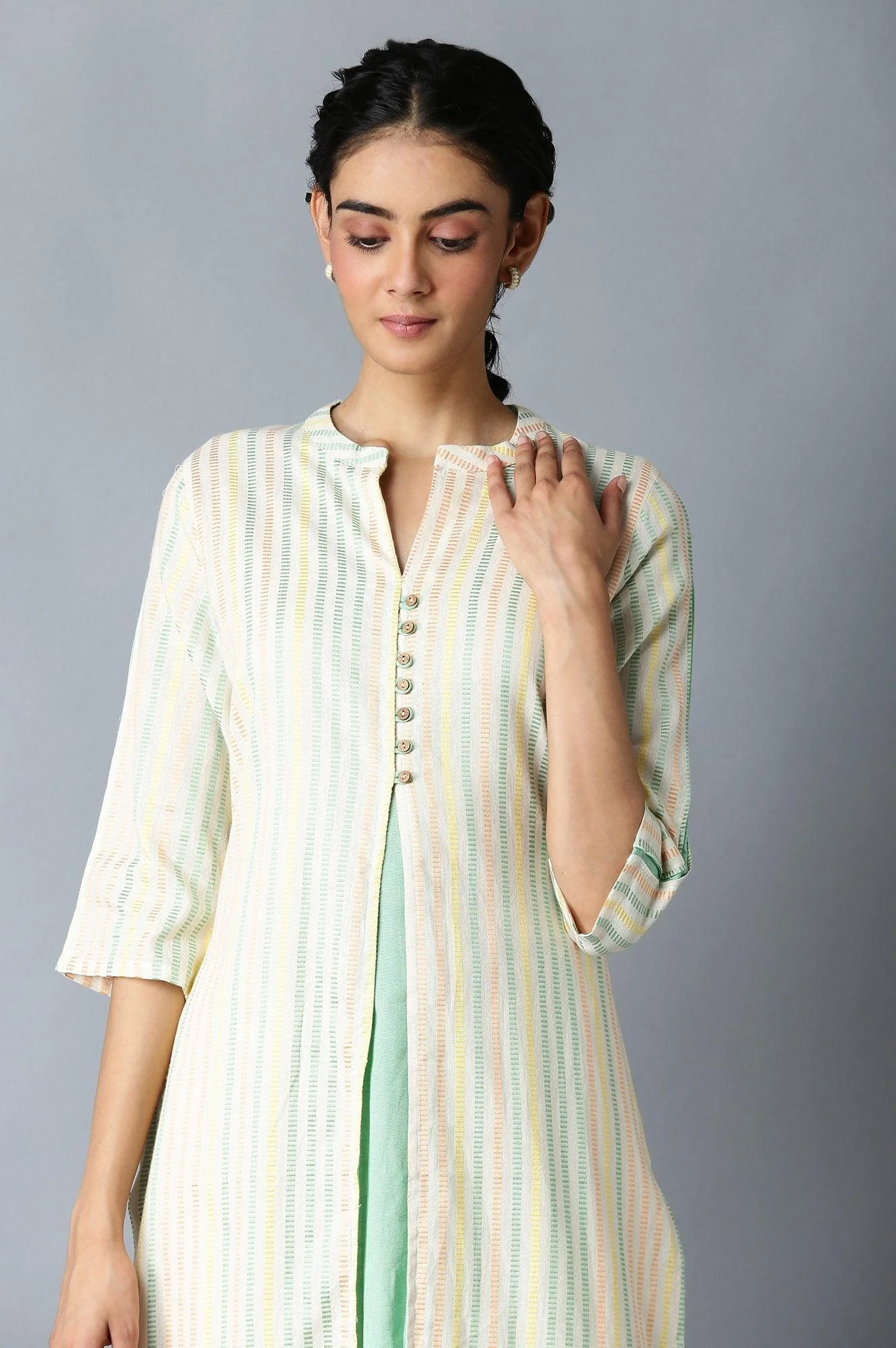 Ecru Dobby Straight kurta With Mock Layer - Image 5