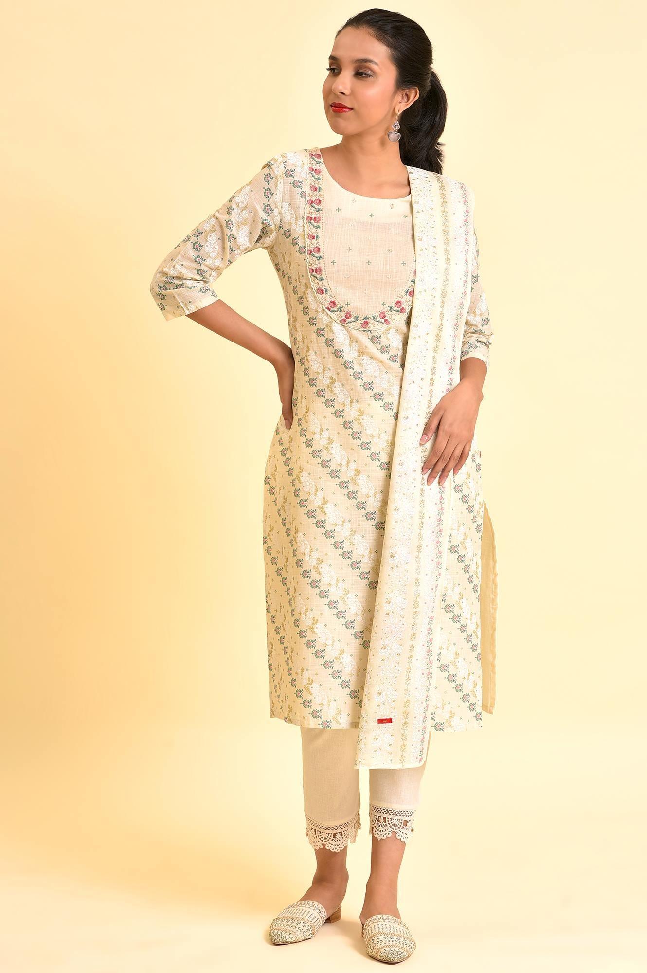 Ecru Embellished Festive Kurta, Pants And Dupatta Set - Image 2