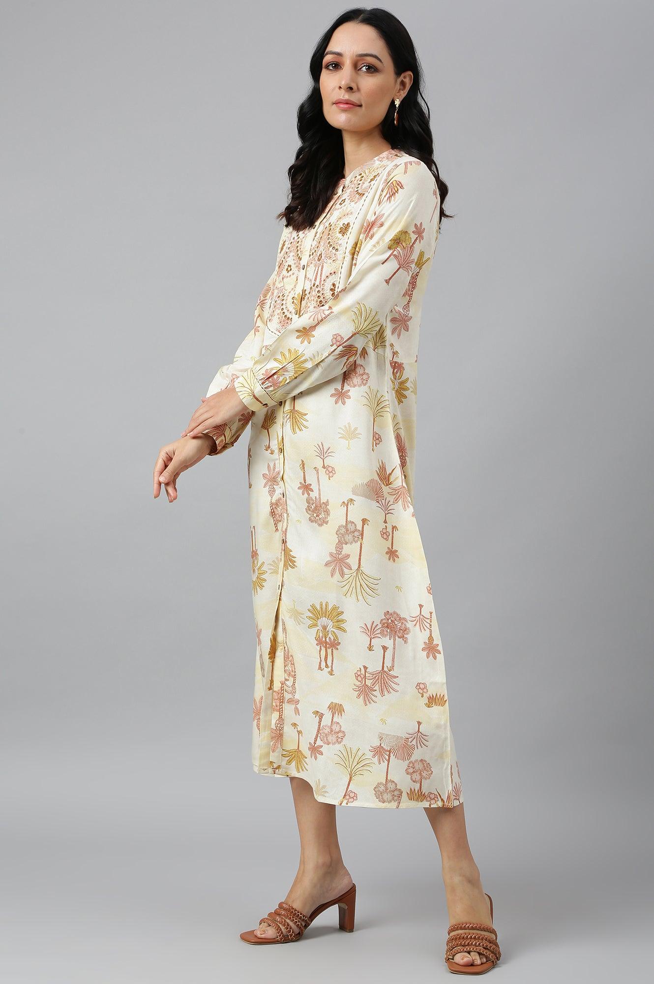 Ecru Embroidered A-Line Shirt Dress - Image 3
