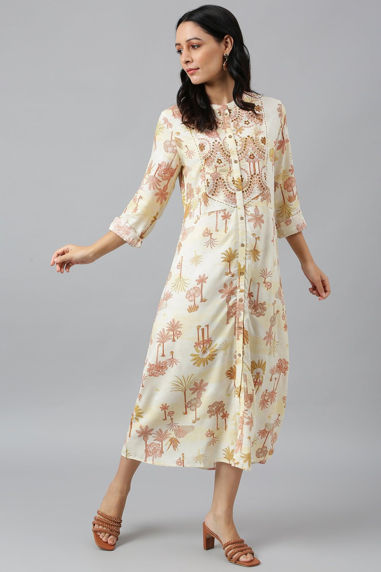 Ecru Embroidered A-Line Shirt Dress - Image 5