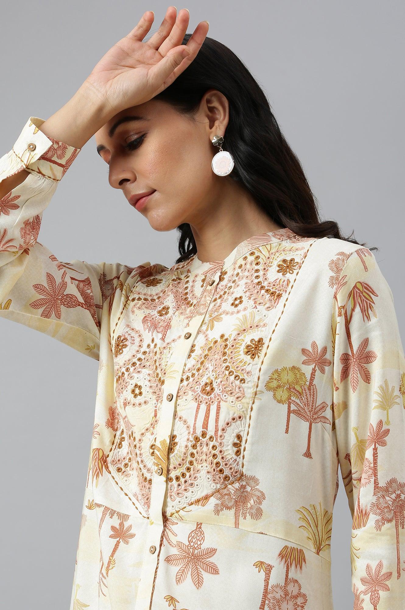 Ecru Embroidered A-Line Shirt Dress - Image 9