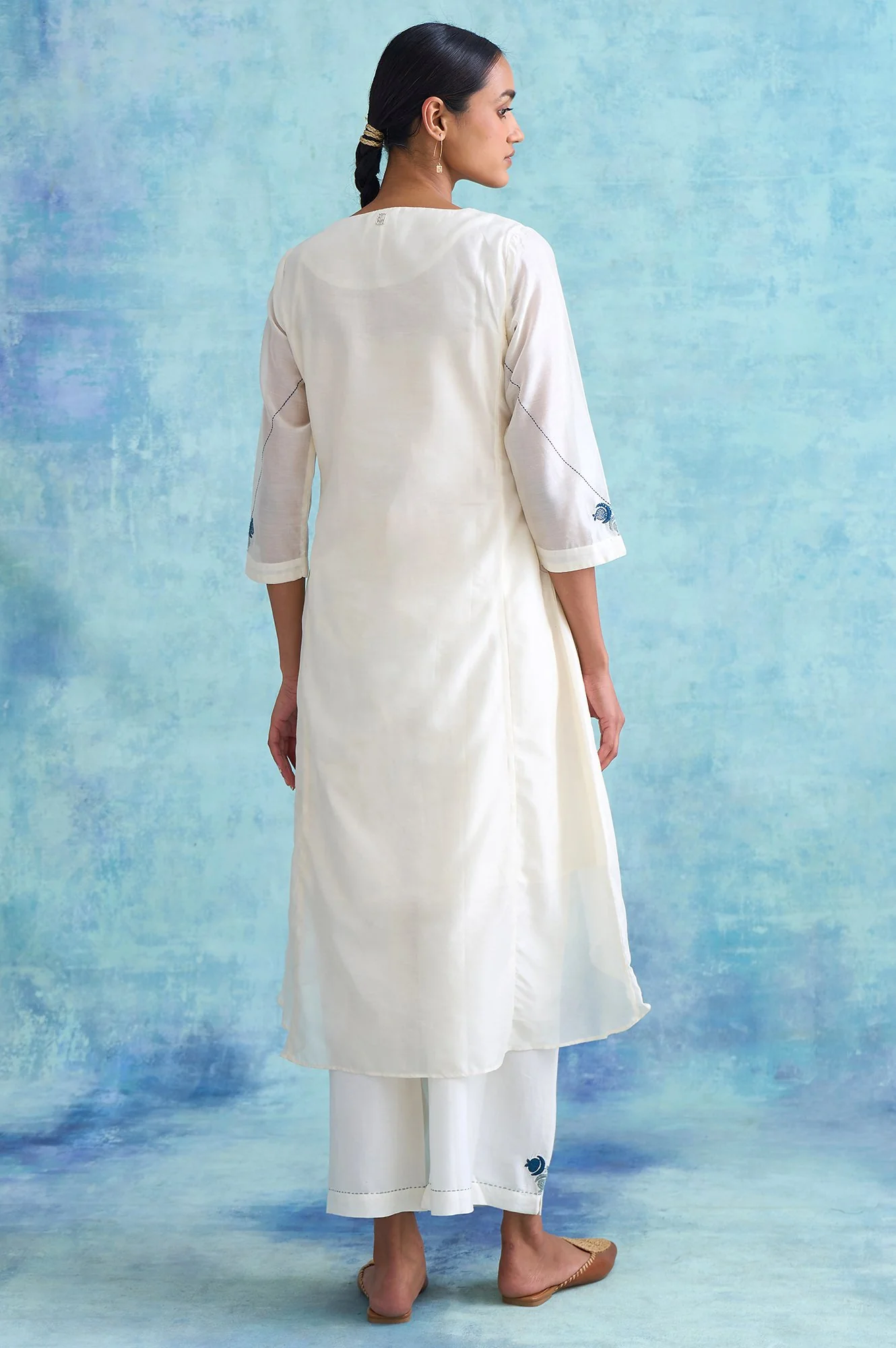 Ecru Embroidered Cotton Silk kurta - Image 2