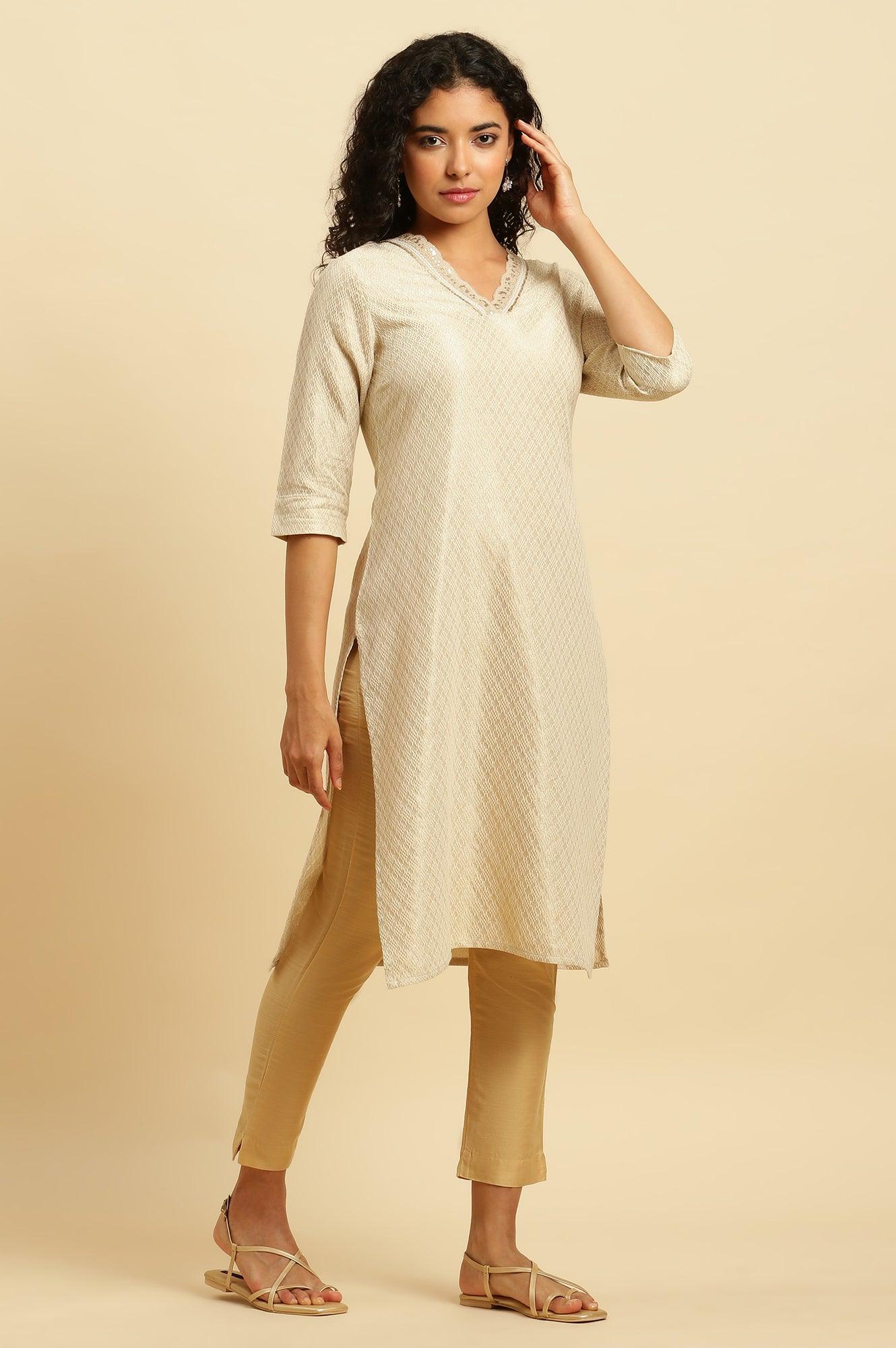 Ecru Embroidered Cotton Zari Festive Kurta - Image 5