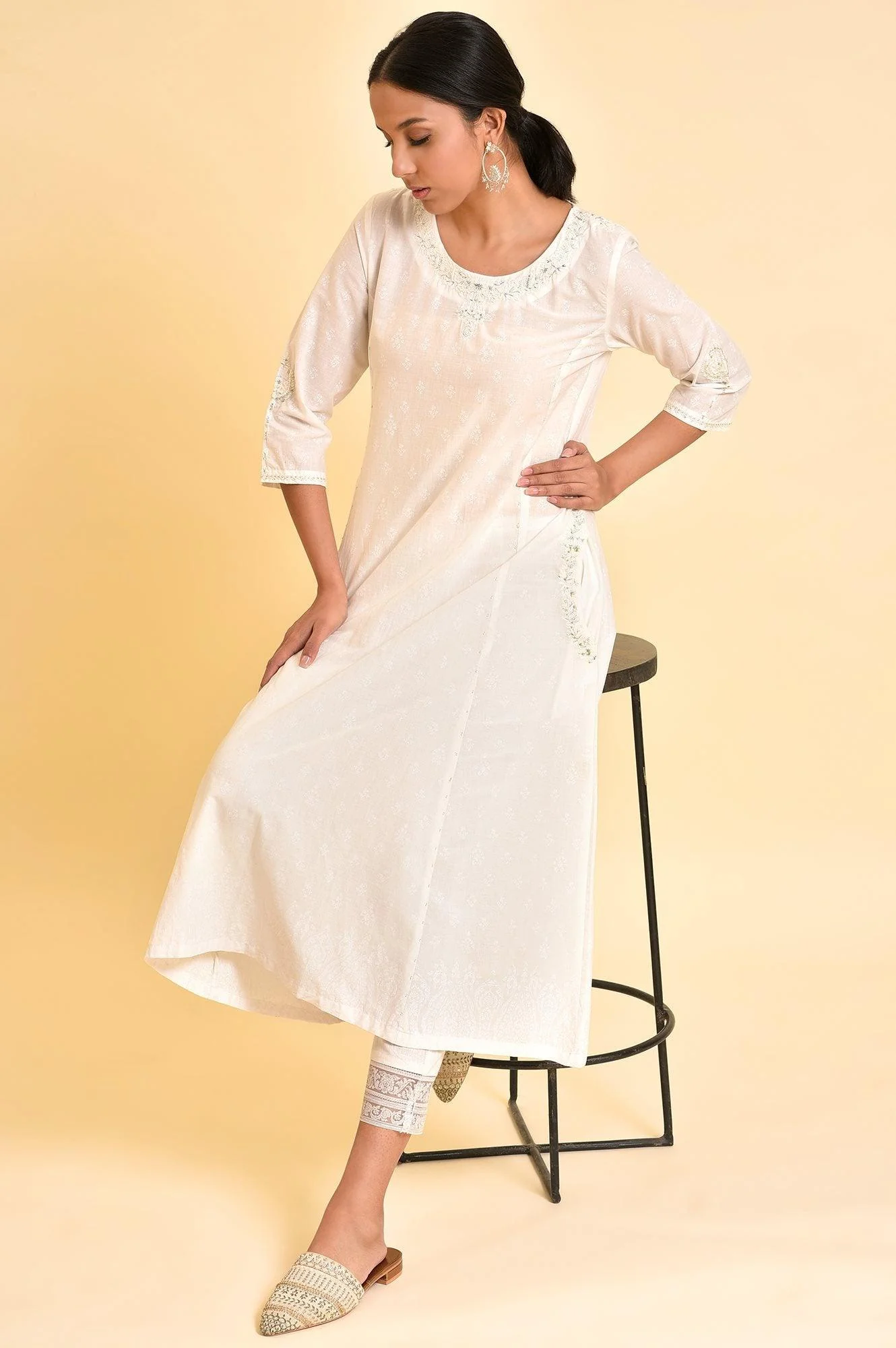 Ecru Embroidered Kurta And Slim Pants