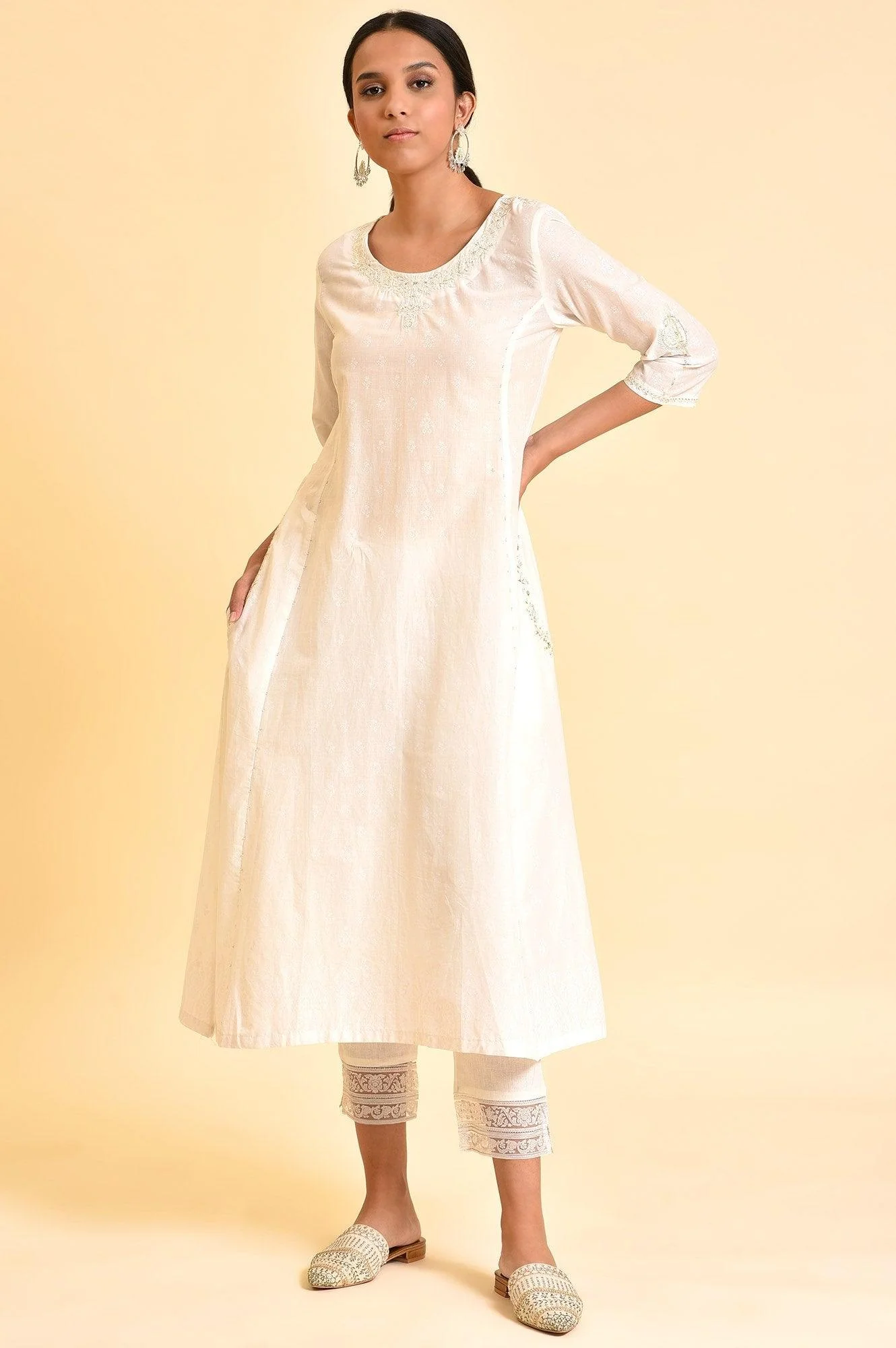 Ecru Embroidered Kurta And Slim Pants - Image 2