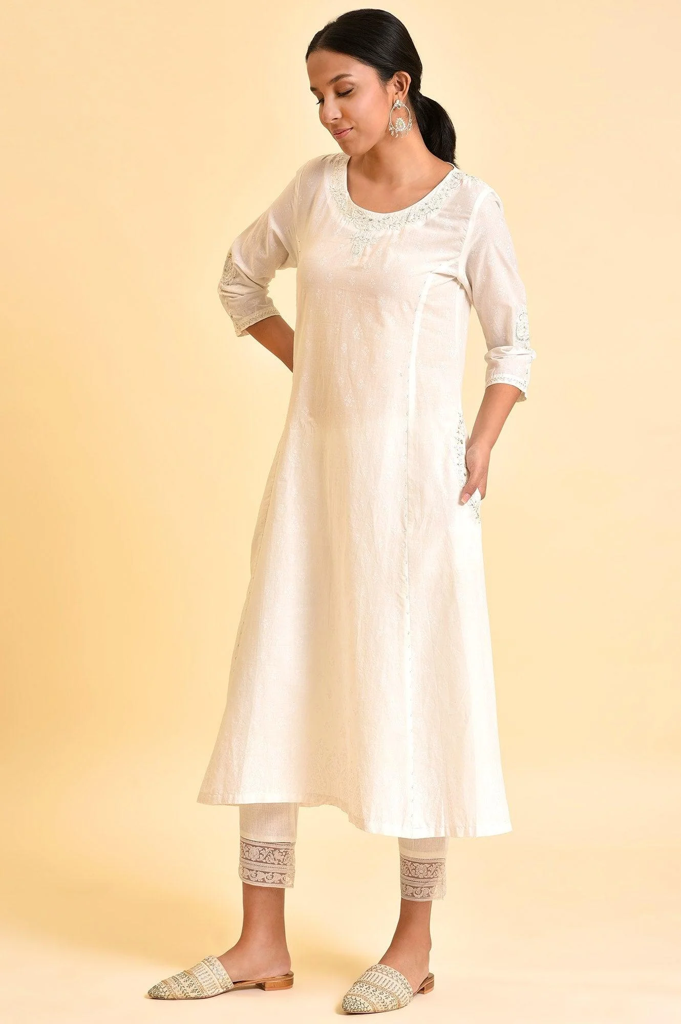 Ecru Embroidered Kurta And Slim Pants - Image 4