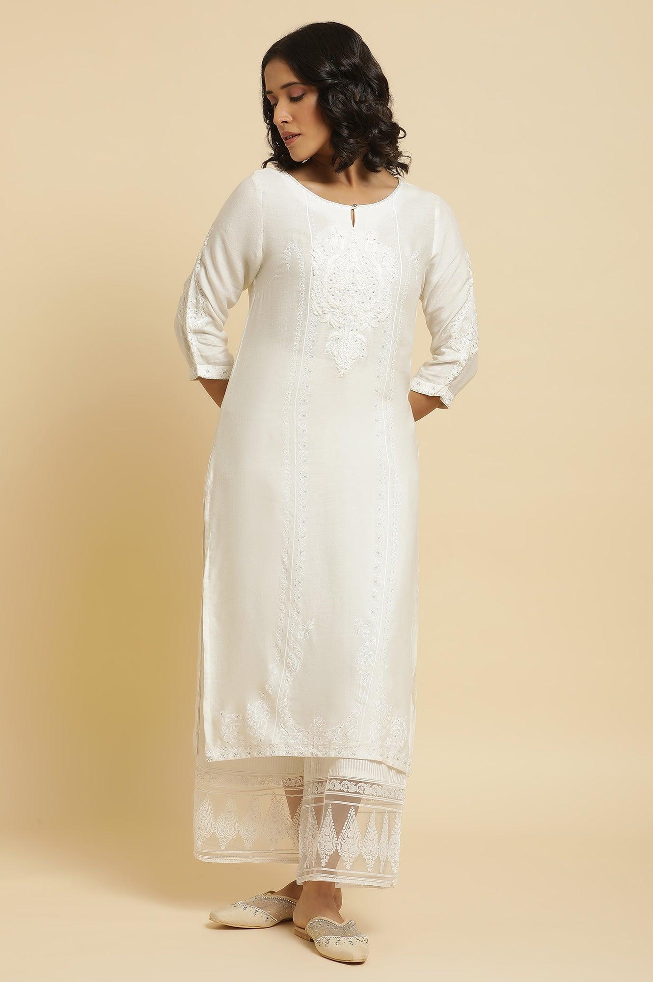 Ecru Embroidered Kurta & Parallel Pants Set - Image 2