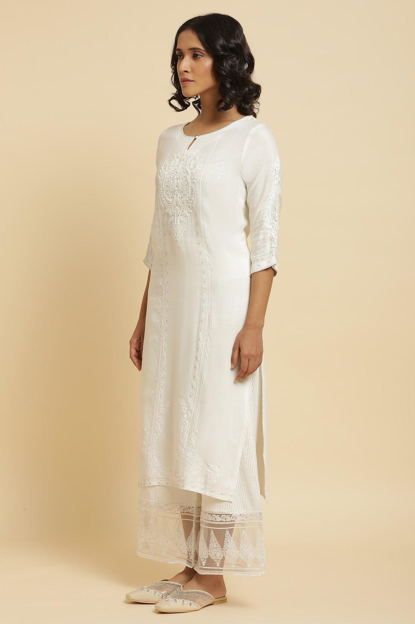 Ecru Embroidered Kurta & Parallel Pants Set - Image 3