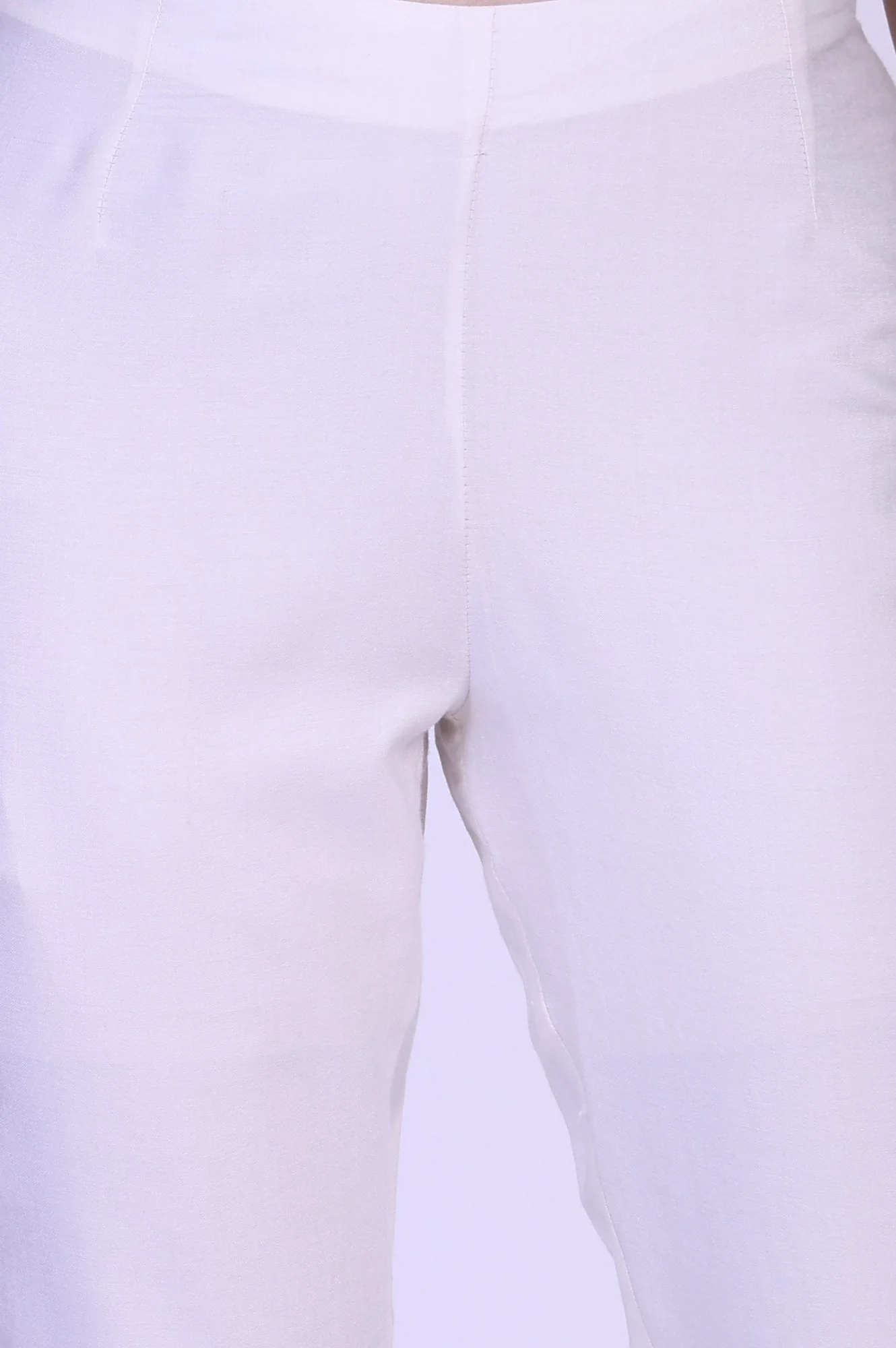Ecru Embroidered Mirror Work Straight Tussar Silk Slim Pant - Image 2