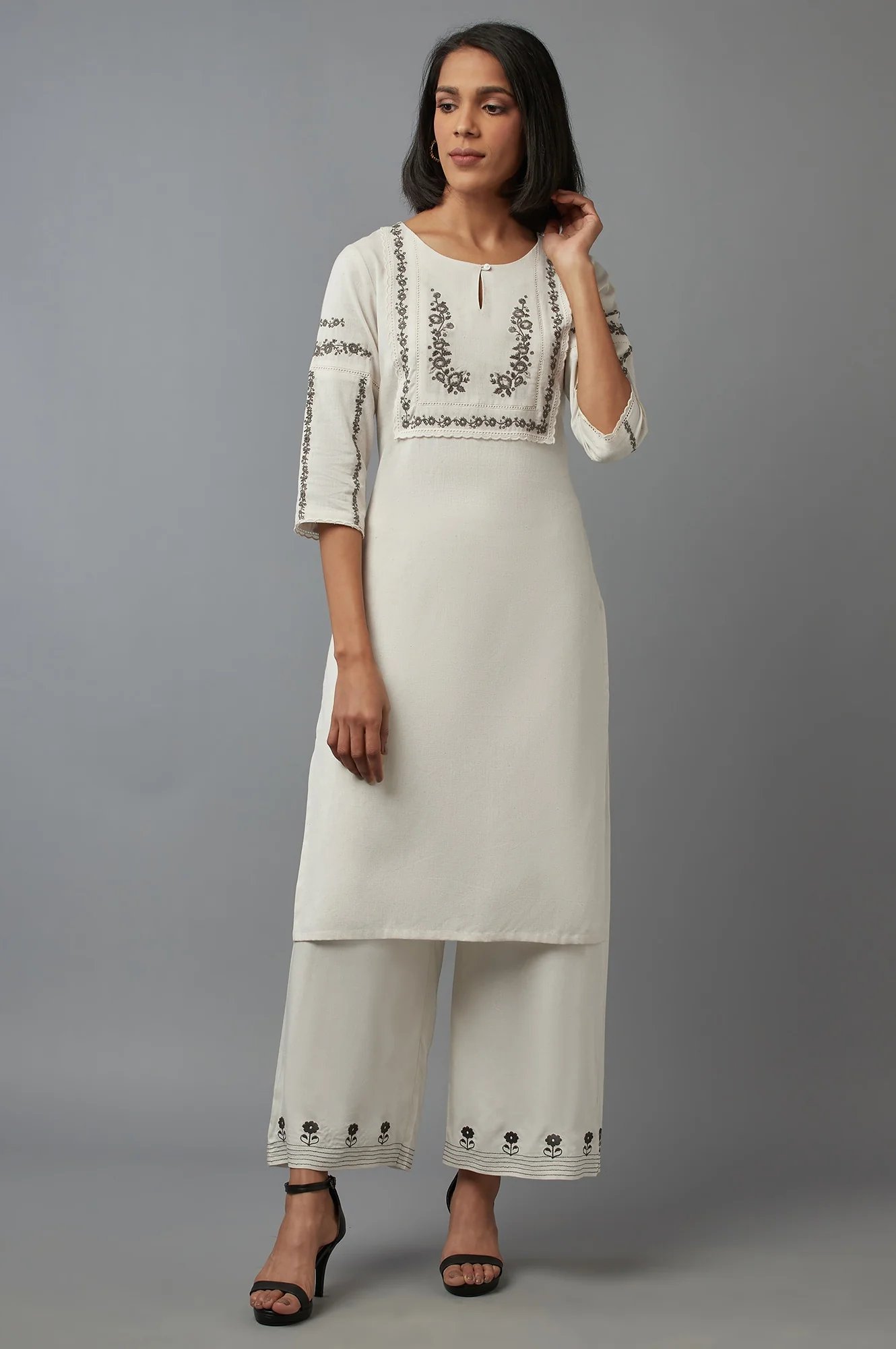Ecru Embroidered Parallel Pants - Image 5