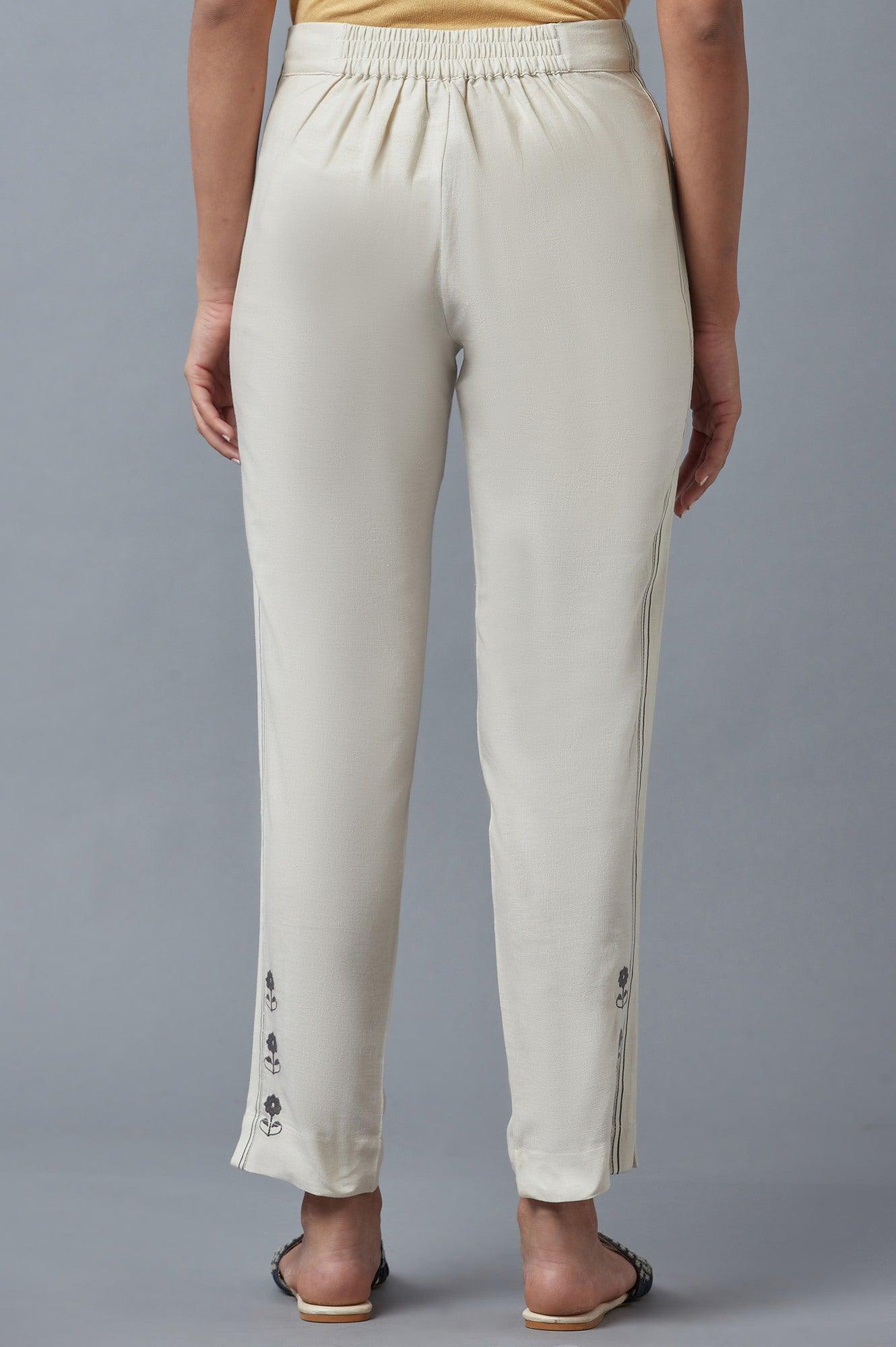 Ecru Embroidered Slim Pants - Image 2