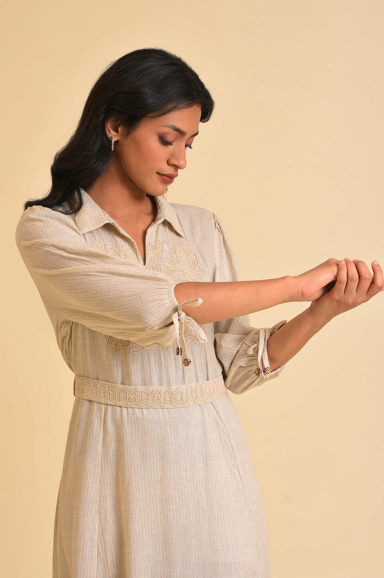 Ecru Embroidered Yarn Dyed Long Dress With Belt - Image 5