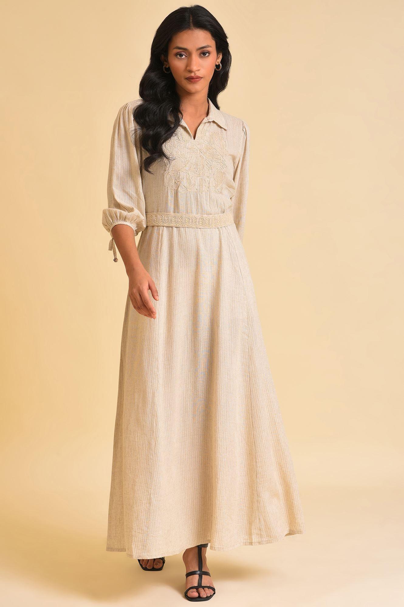 Ecru Embroidered Yarn Dyed Long Dress With Belt - Image 6