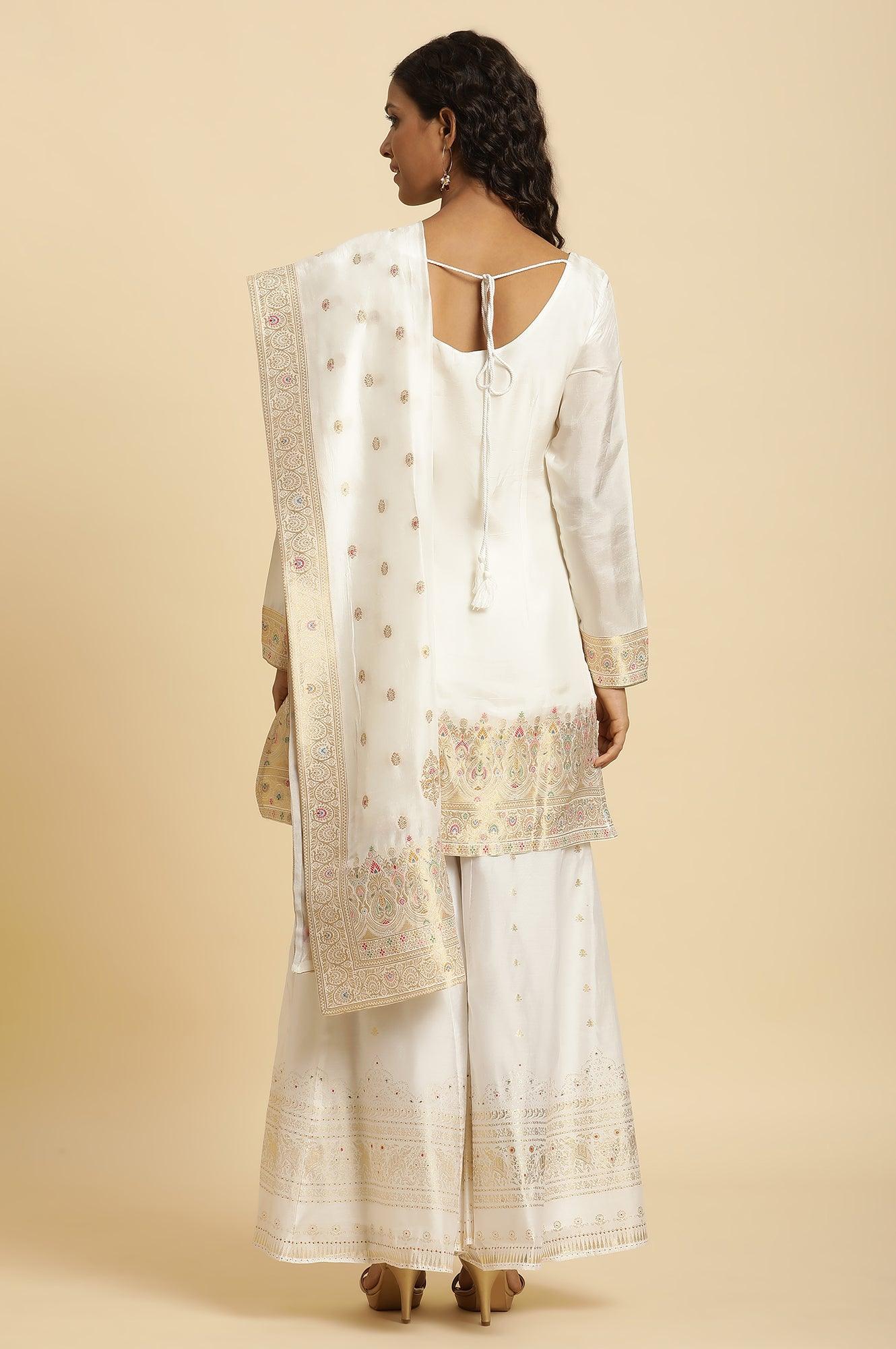 Ecru Festive Jacquard Short Kurta, Sharara And Dupatta Set - Image 4