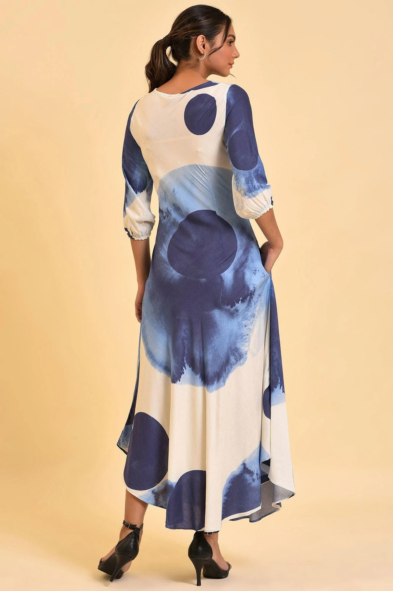 Ecru Flared Dress With Bold Blue Prints - Image 2