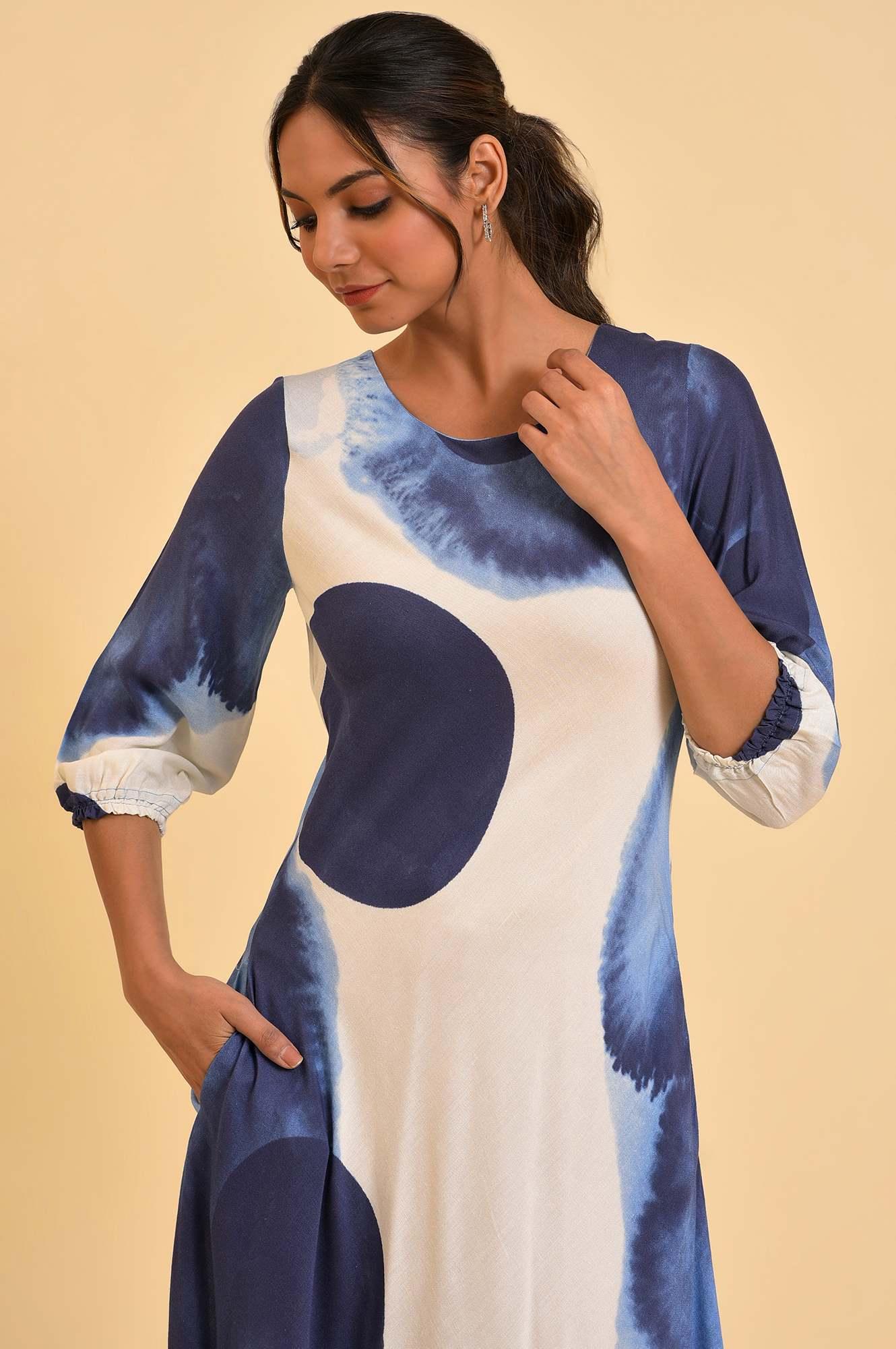 Ecru Flared Dress With Bold Blue Prints - Image 5