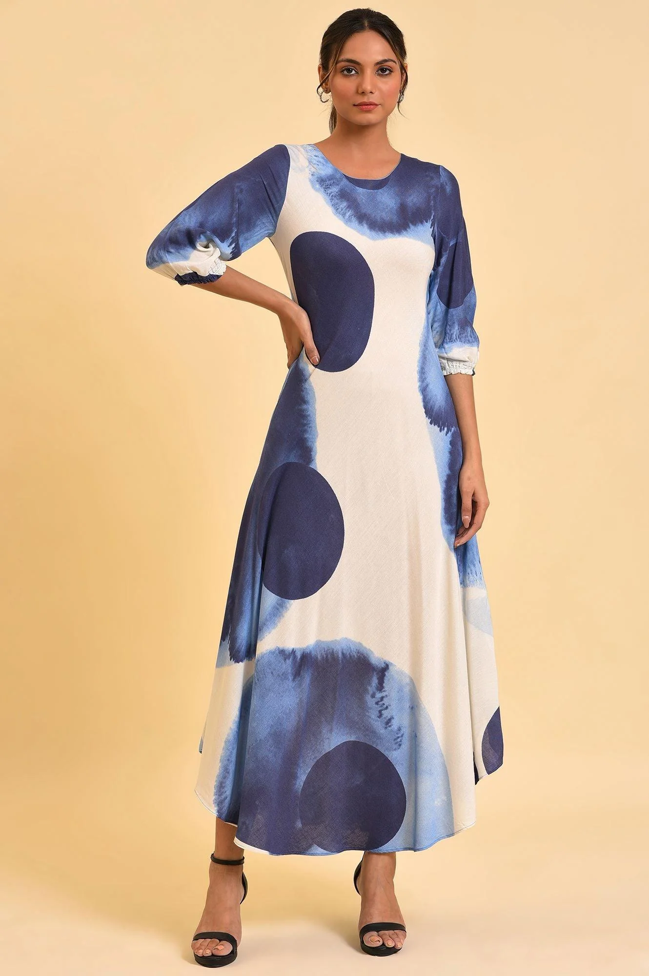 Ecru Flared Dress With Bold Blue Prints - Image 6