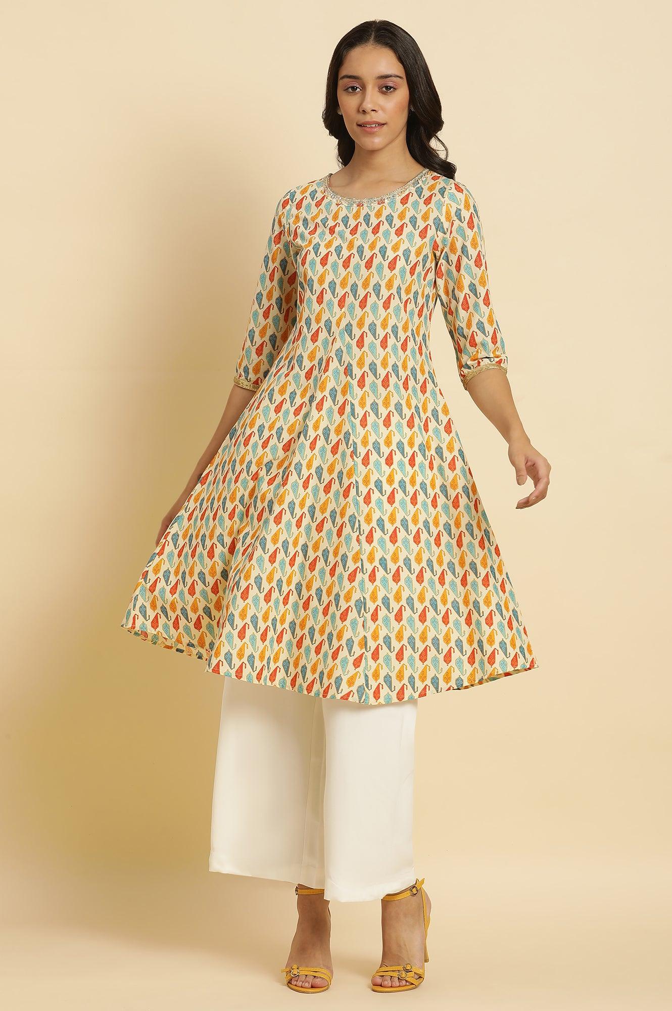 Ecru Flared Kurta In Multi-Coloured Print - Image 2