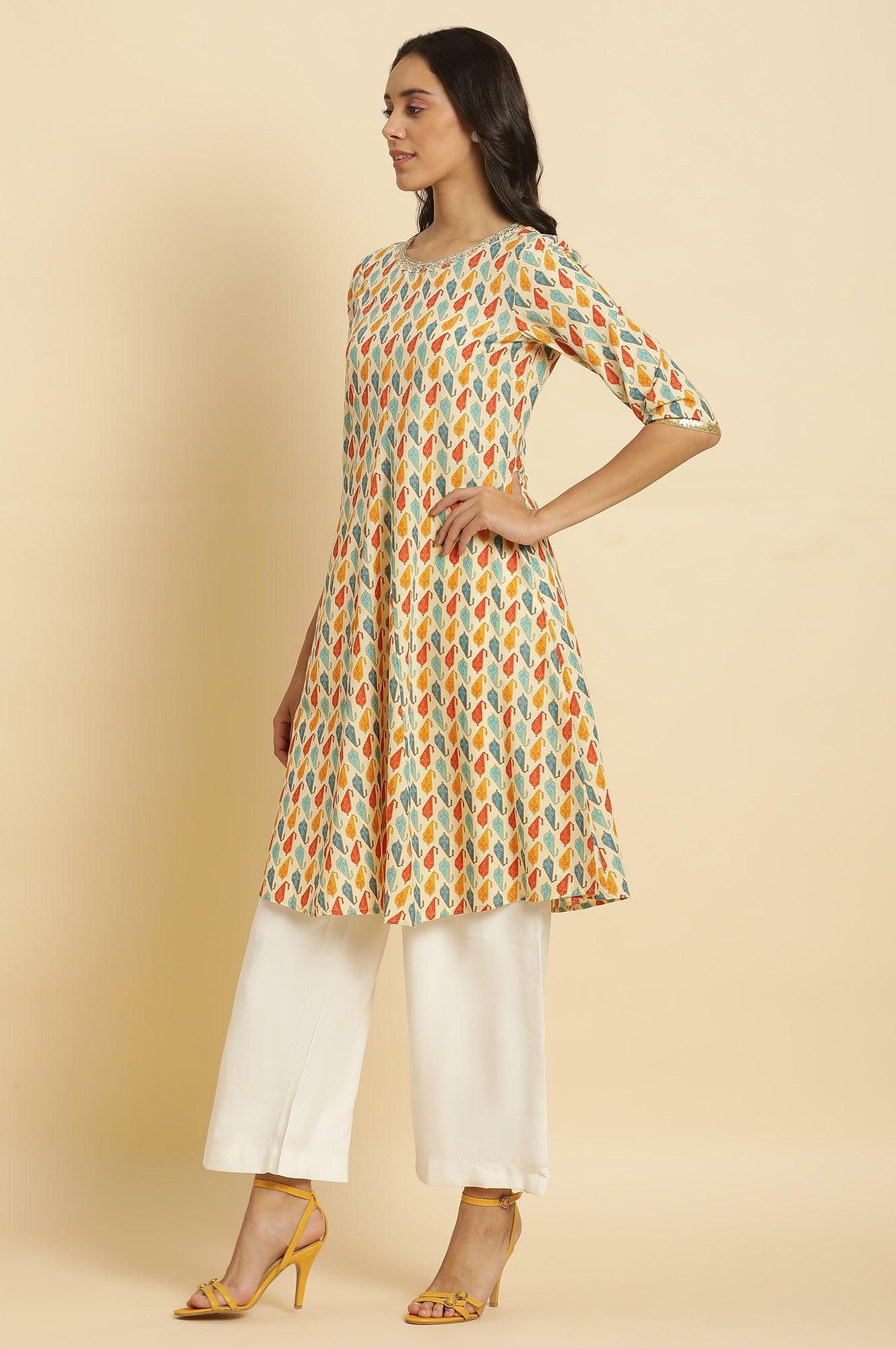 Ecru Flared Kurta In Multi-Coloured Print - Image 3
