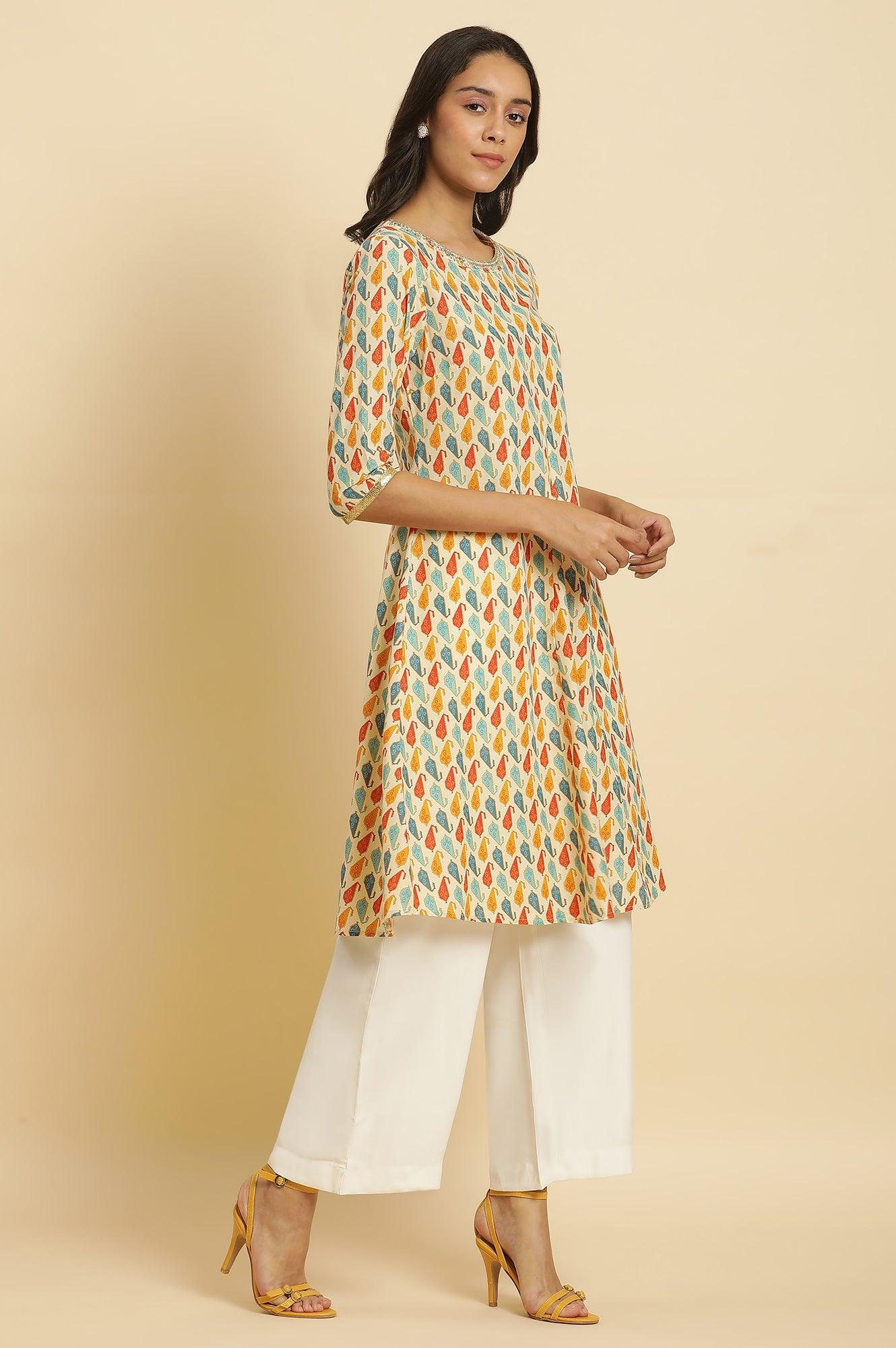 Ecru Flared Kurta In Multi-Coloured Print - Image 5