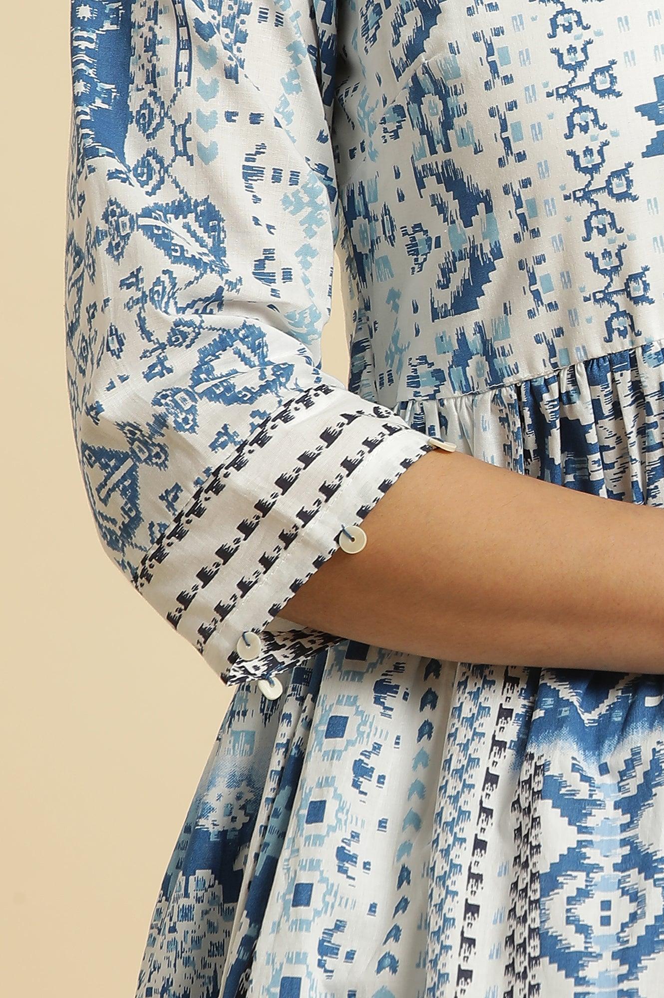 Ecru Flared Kurta With Blue Geometric Print - Image 7