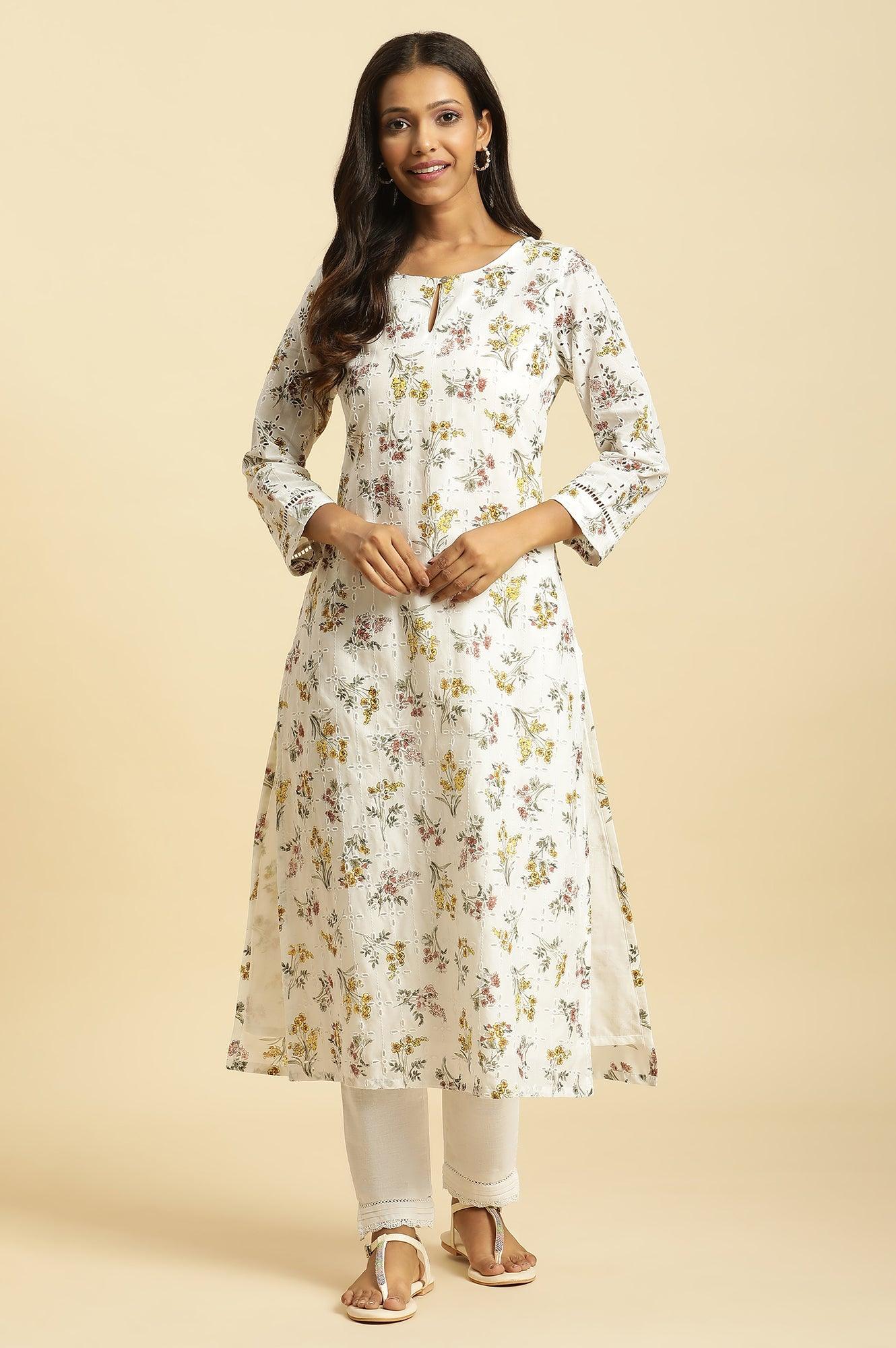 Ecru Flora Printed Straight Kurta - Image 2