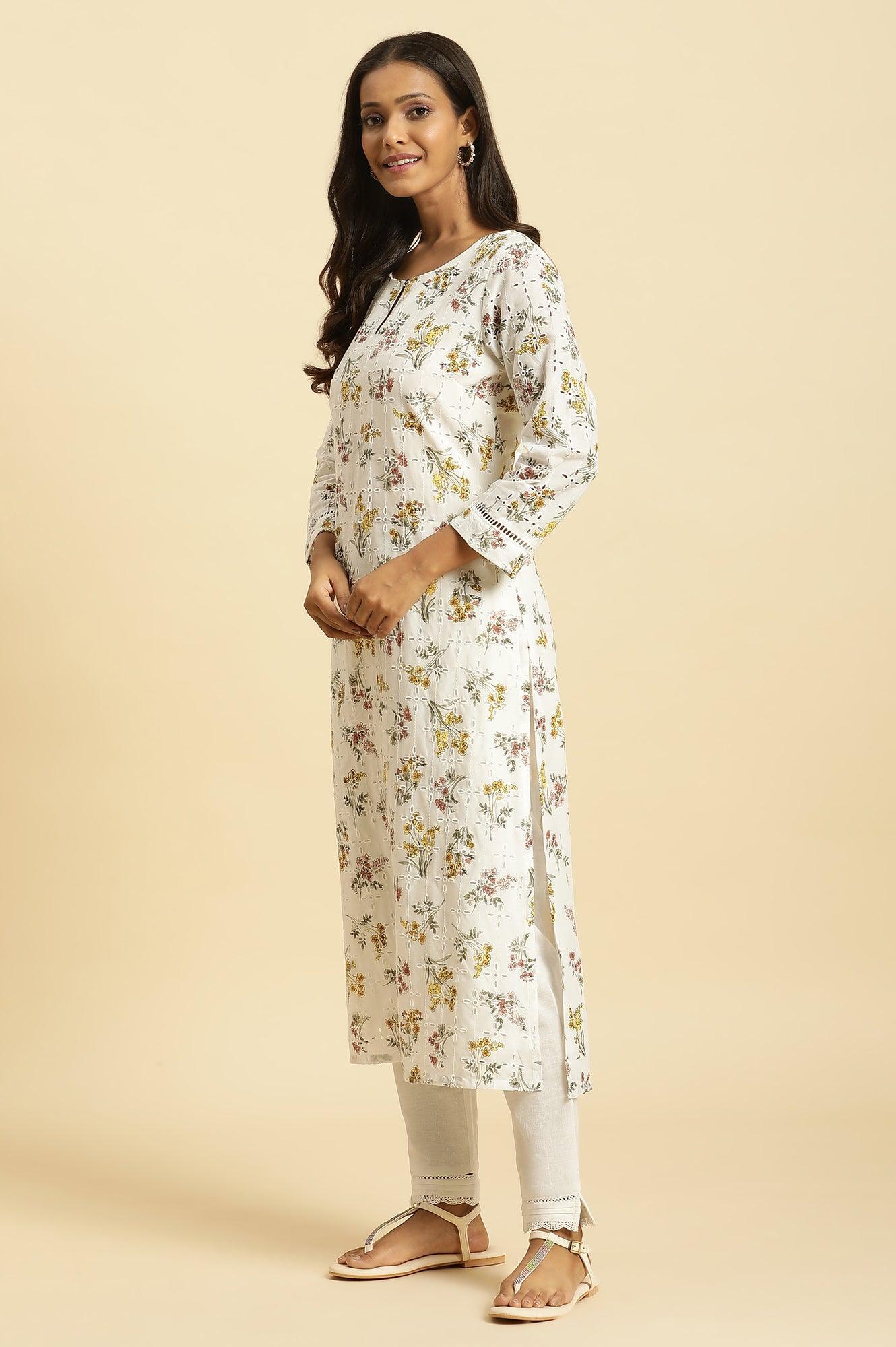 Ecru Flora Printed Straight Kurta - Image 3