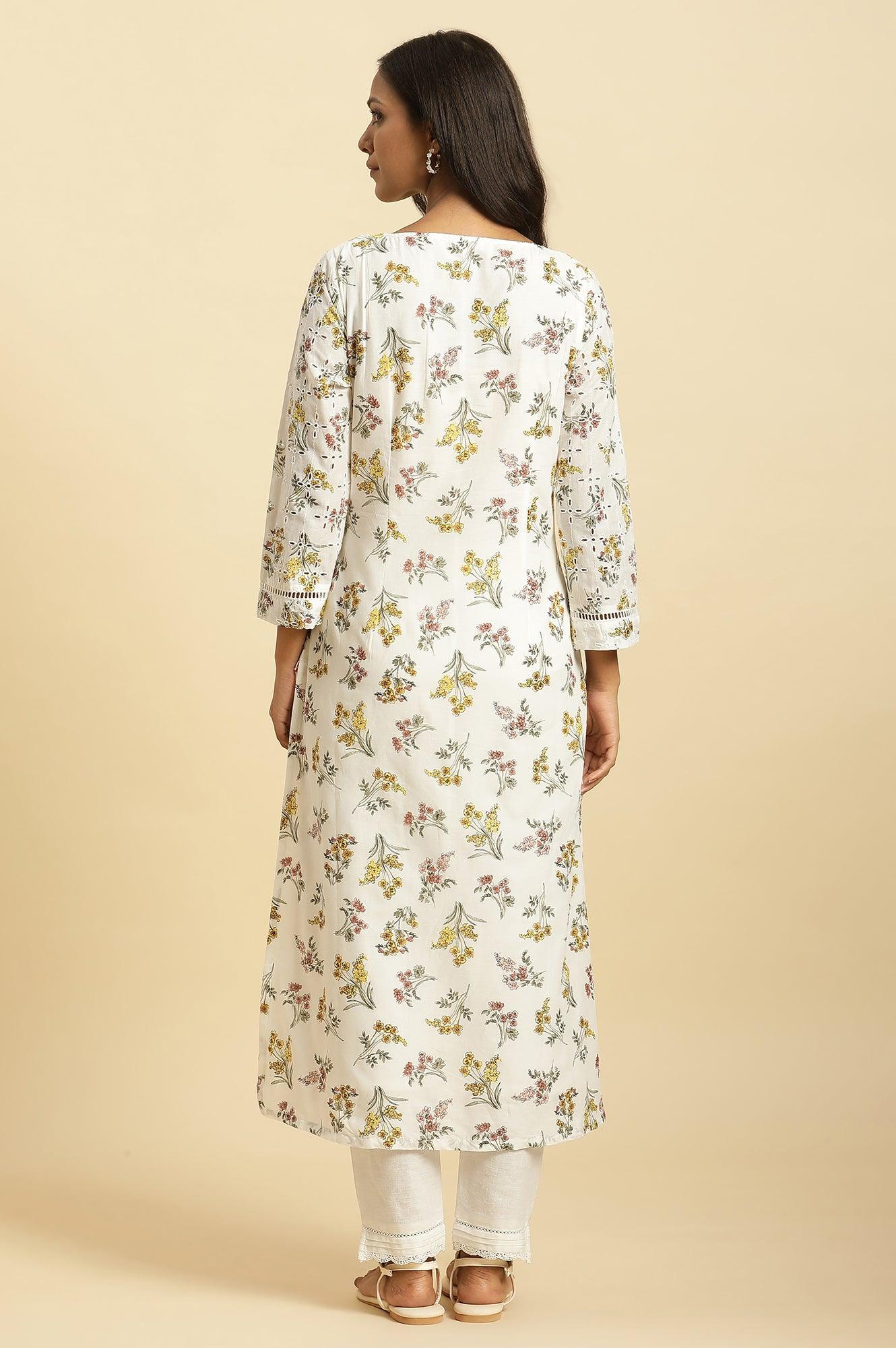 Ecru Flora Printed Straight Kurta - Image 4