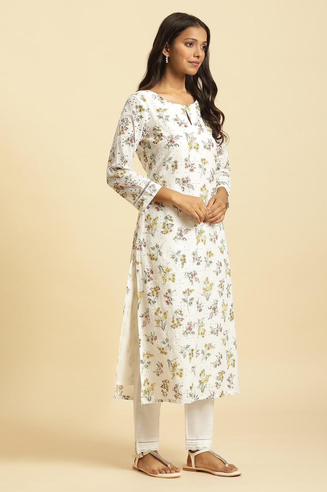 Ecru Flora Printed Straight Kurta - Image 5