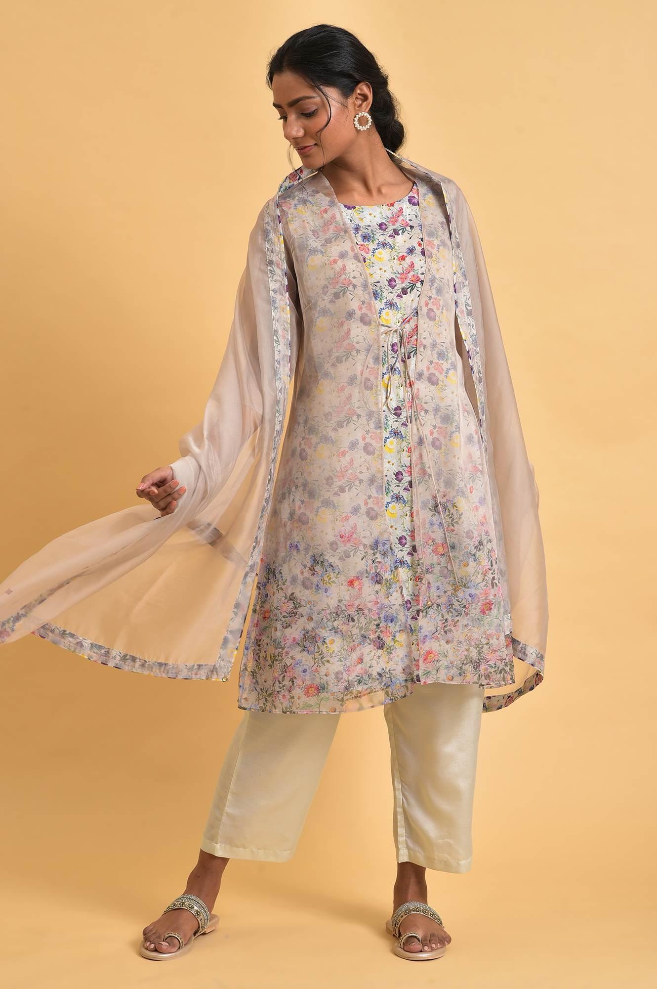Ecru Floral Print Jacket kurta Set - Image 2