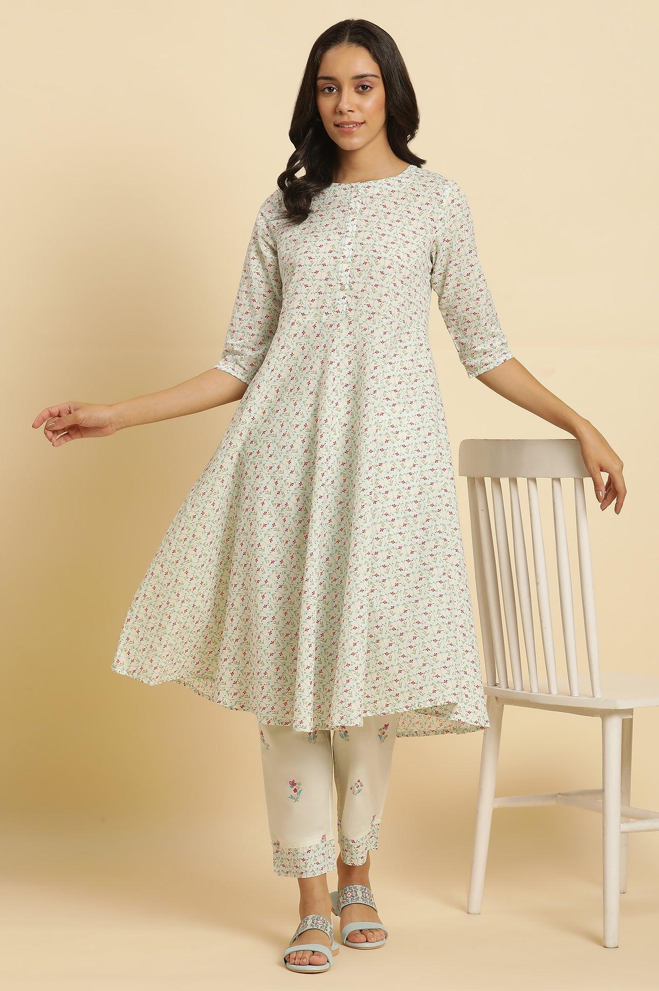 Ecru Floral Printed A-Line Kurta And Pants Set