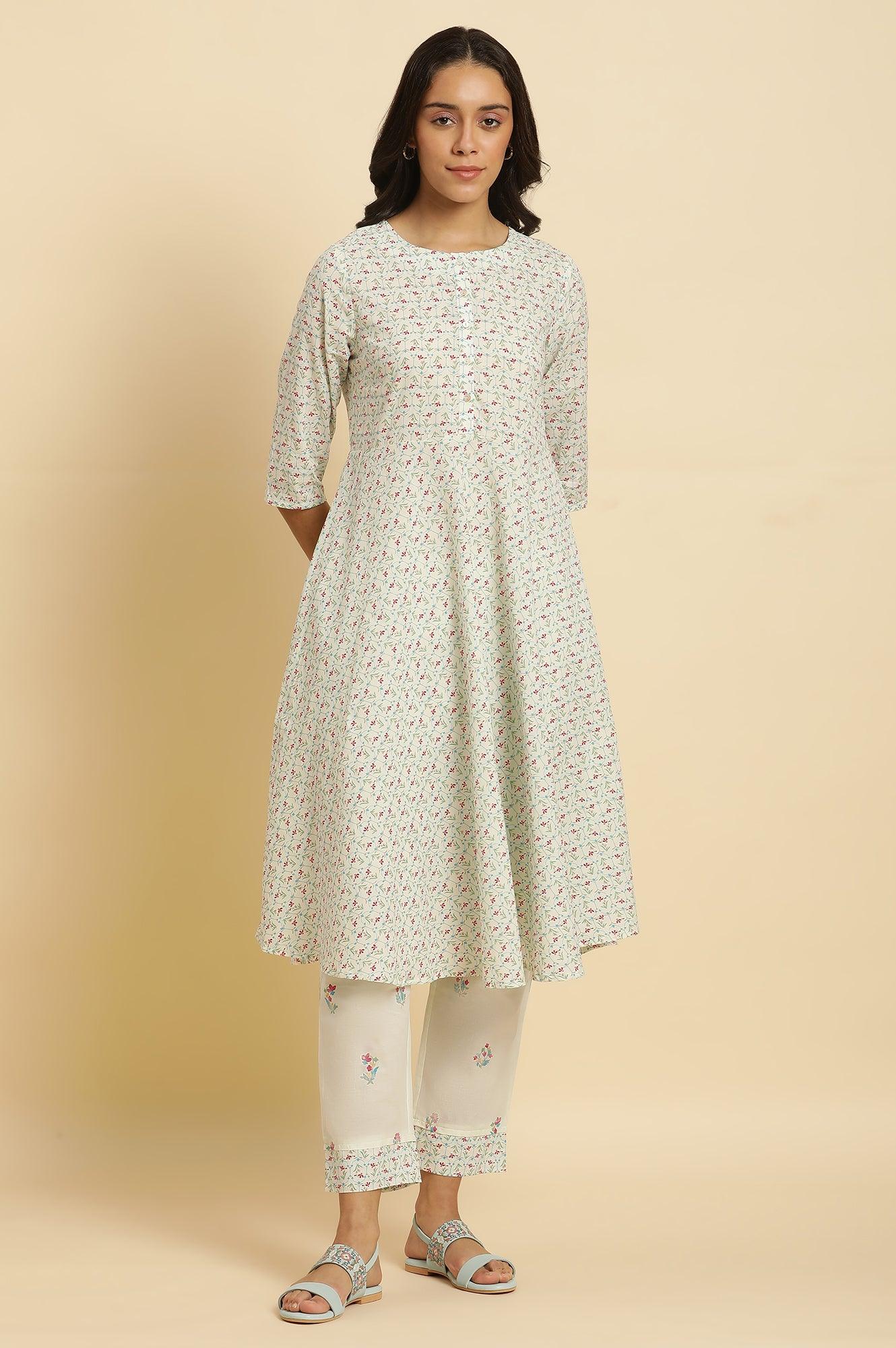 Ecru Floral Printed A-Line Kurta And Pants Set - Image 2