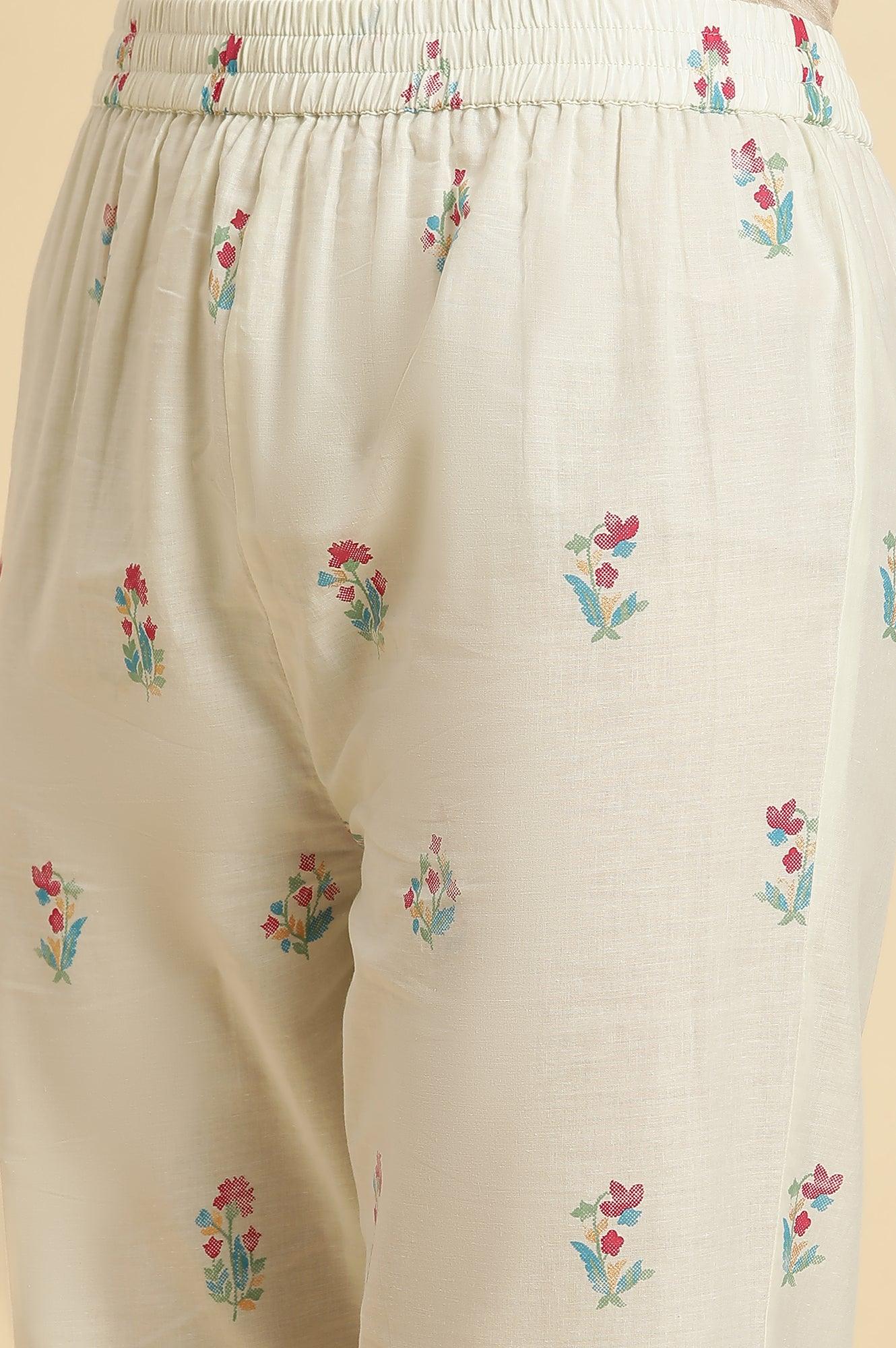 Ecru Floral Printed A-Line Kurta And Pants Set - Image 8
