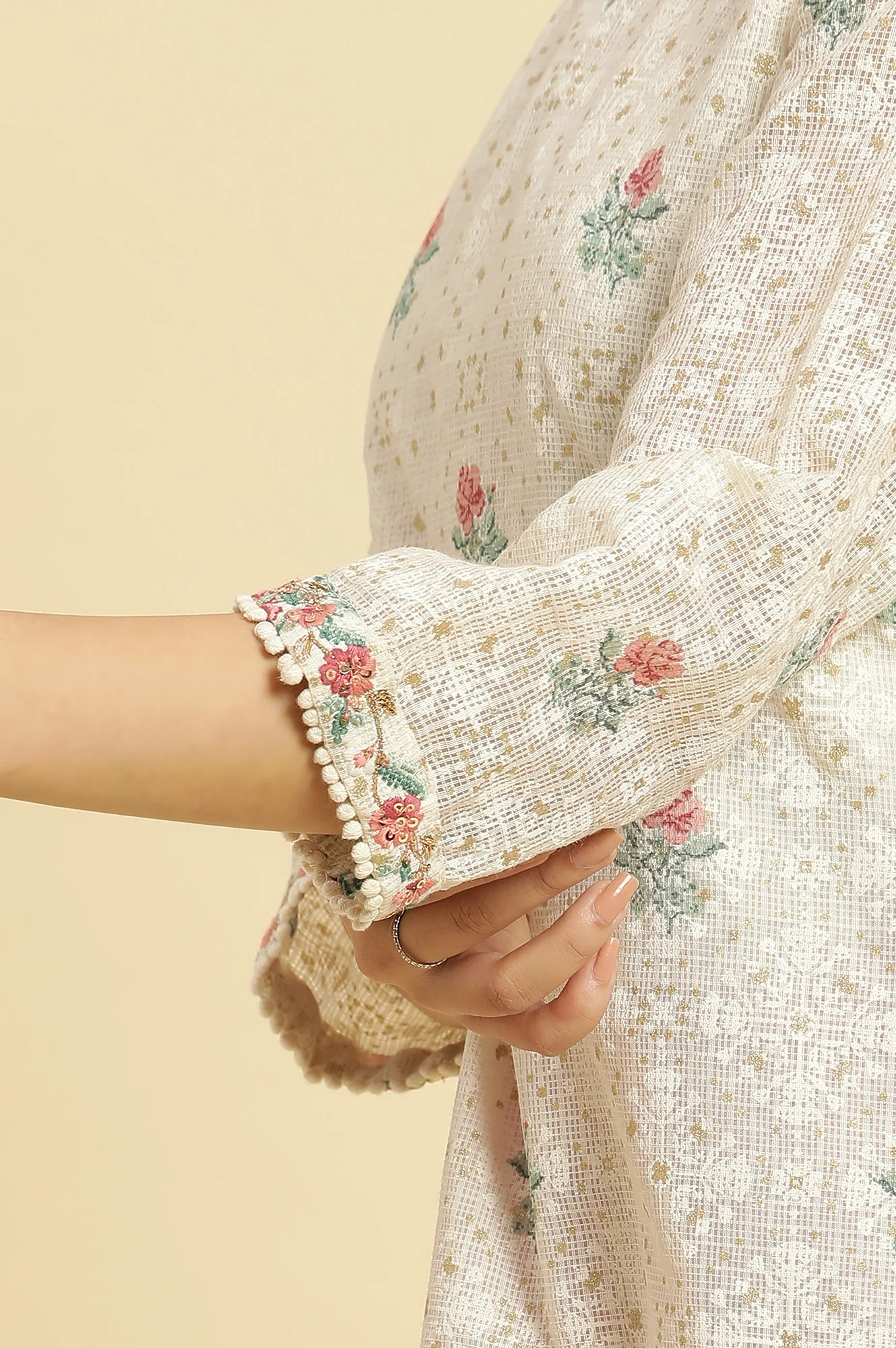 Ecru Floral Printed And Embroidered Festive Kurta - Image 7