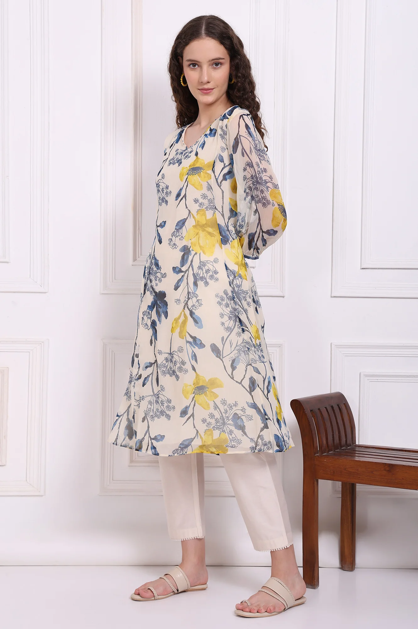 Ecru Floral Printed Chiffon Flared Kurta, Pants and Dupatta Set - Image 4